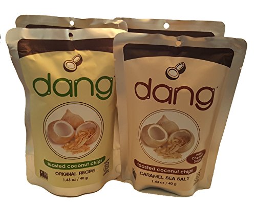 Dang Coconut Chips 1.43 Ounce Variety Pack - 2 Bags Original Toasted & 2 Bags Caramel Sea Salt | Healthy Vegan Snack for On-the-Go, Office, Hiking & Travel