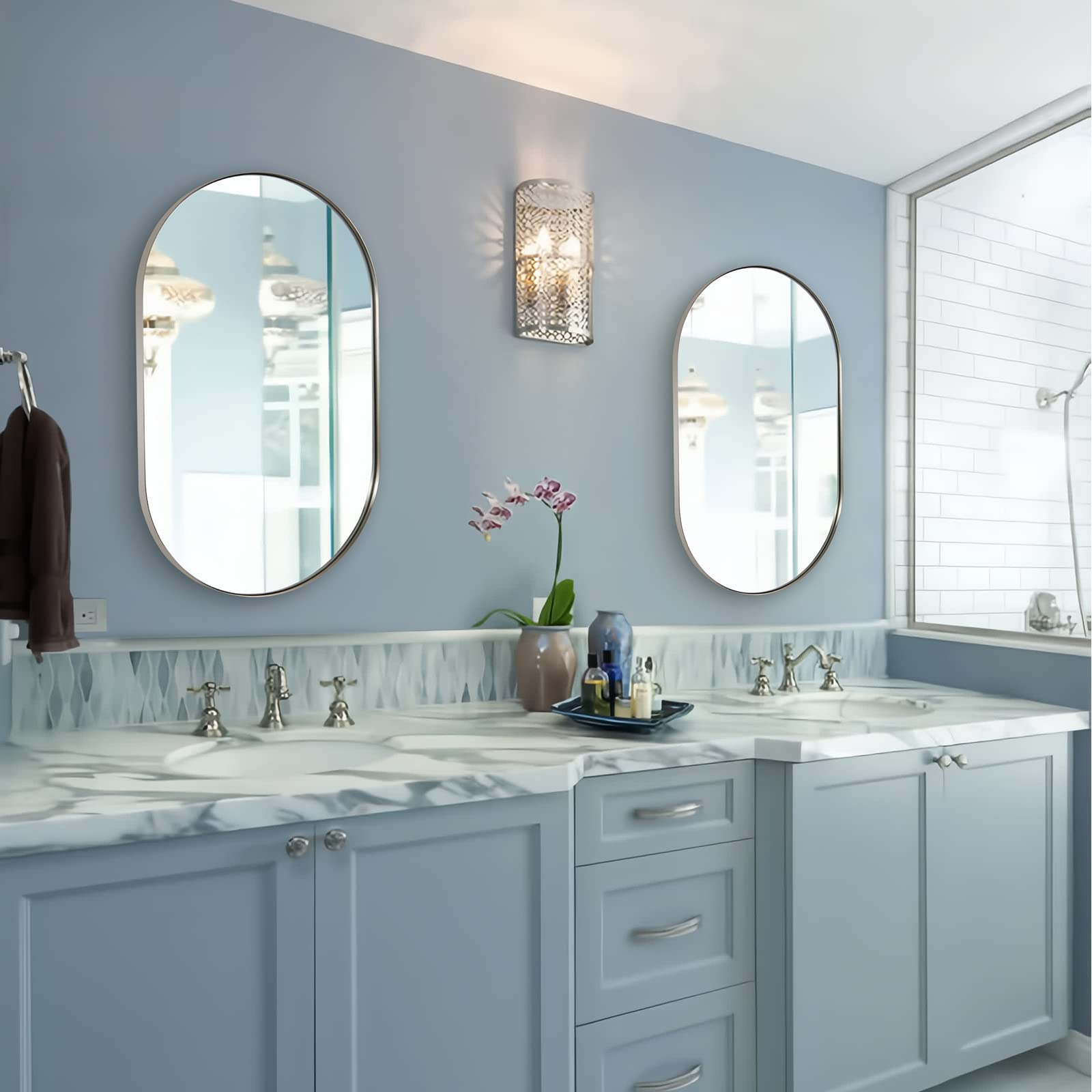 20x33 Inch Oval Chrome Bathroom Mirror - Polished Silver Thin Frame Wall Mirror for Limited Space | Perfect for Small Bathrooms, Vanities, and Powder Rooms
