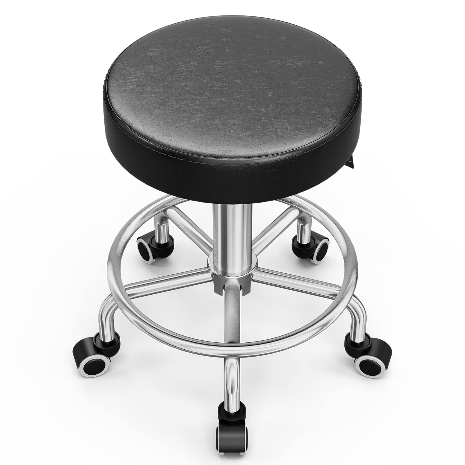 360° Swivel Rolling Stool Chair - Adjustable Height Salon & Office Chair with Wheels for Hair Styling, SPA, Medical, Drafting & Workstations - Black