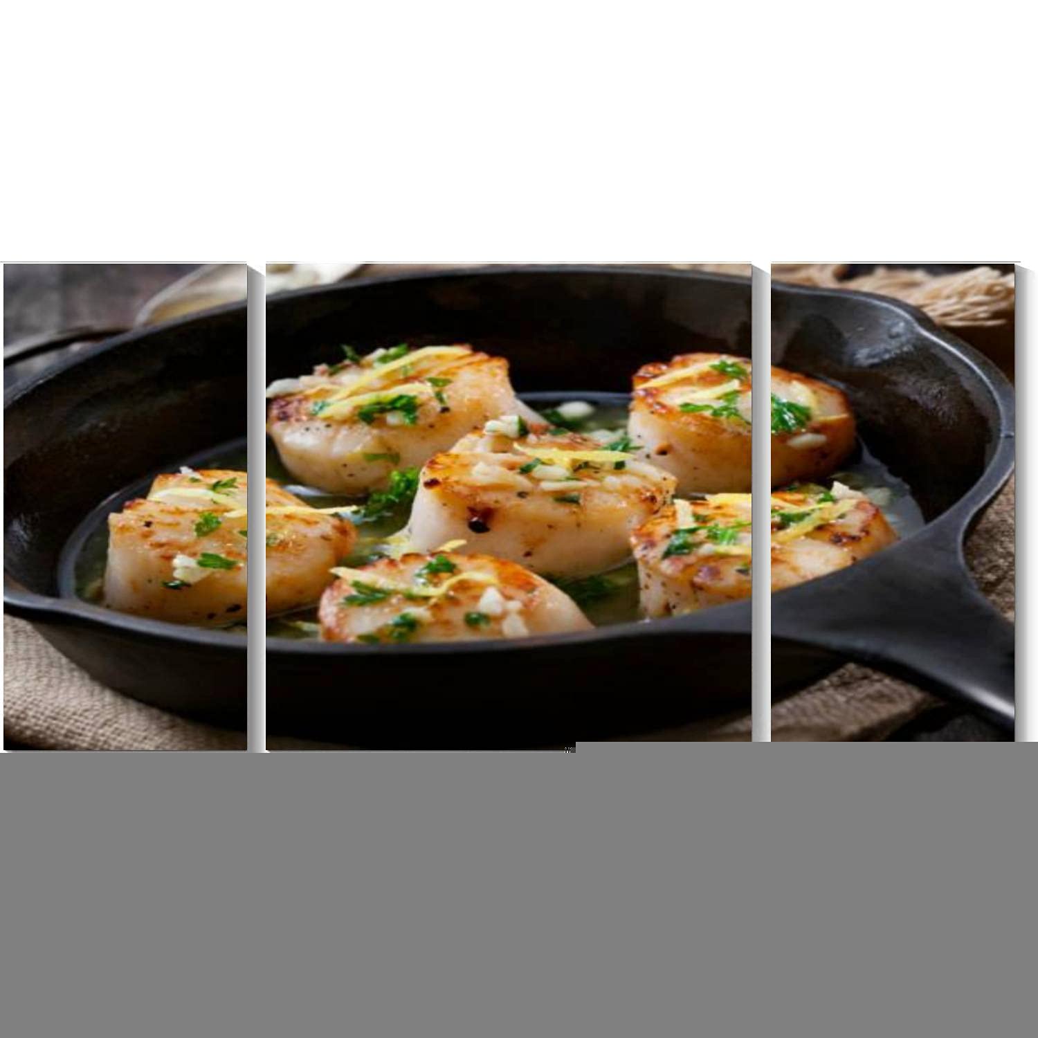 3 Panel Canvas Wall Art - Scallops Poached in Butter Garlic Sauce Framed Painting, Beach House Decor for Living Room, Bedroom & Kitchen | Ready to Hang Coastal Seafood Artwork