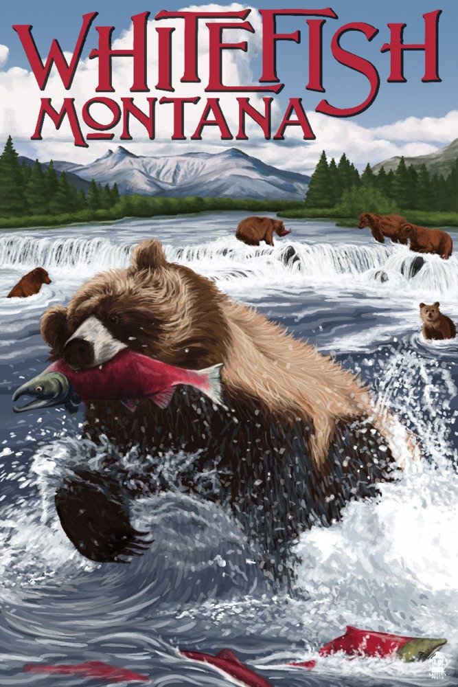 Grizzly Bear Salmon Fishing Art Print - Whitefish Montana Signed 24x36 Wall Decor Poster - Perfect for Home, Office & Cabin Decor