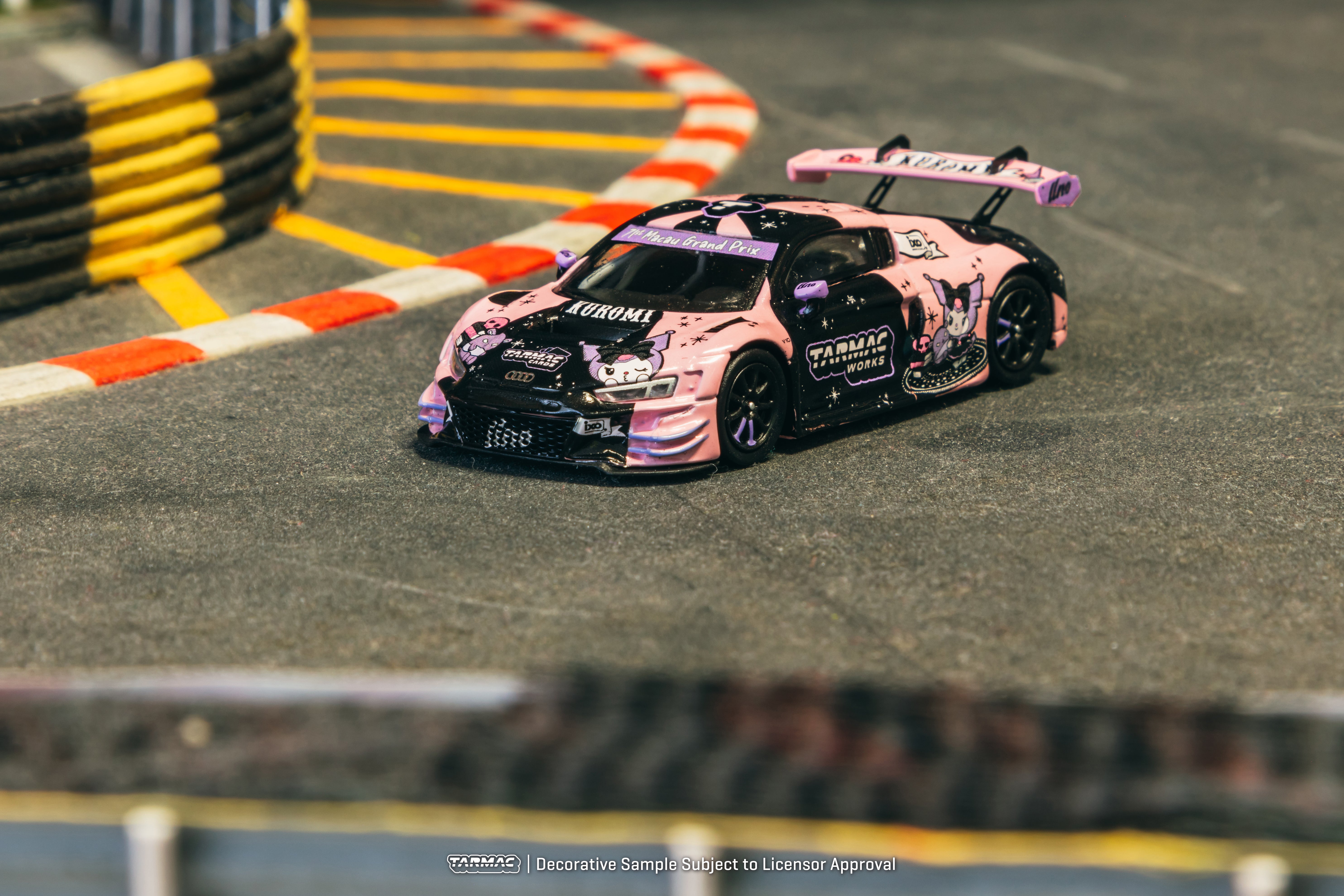 Tarmac Works 1/64 Scale Audi R8 LMS GT3 Evo II Diecast Model Car - 2024 Macau GP Special Edition with Kuromi Plush Toy Bundle | Collectible Racing Car for Display, Gifts & Anime Fans