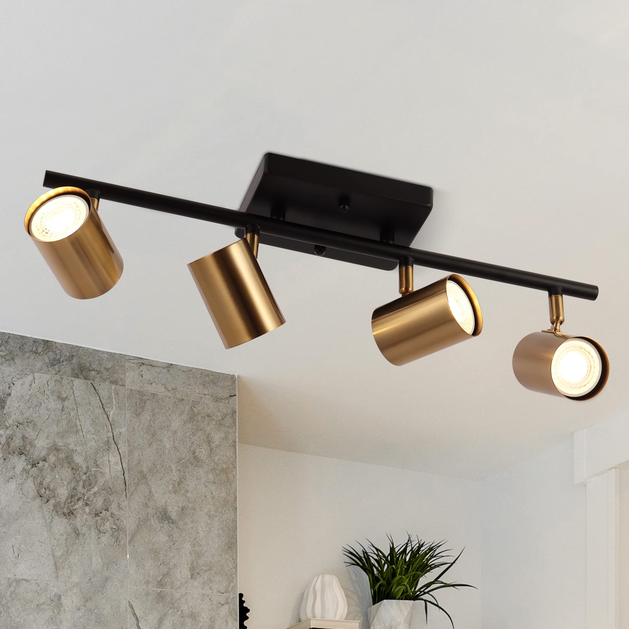 ZEVNI Modern 4-Light Black Gold LED Track Lighting Kit - Adjustable Matte Black Track Bar Spotlight (19.5