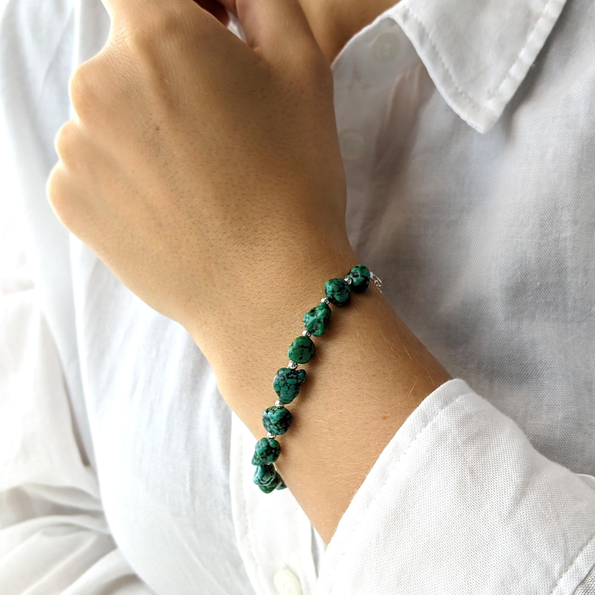 Natural Turquoise Beaded Bracelets for Women - 925 Sterling Silver Adjustable Bracelet with Blue Green Gemstone Beads - Birthstone Jewelry & Friendship Gift (17.5cm + 2cm Extender) - Perfect for Boho Style, Everyday Wear & Special Occasions