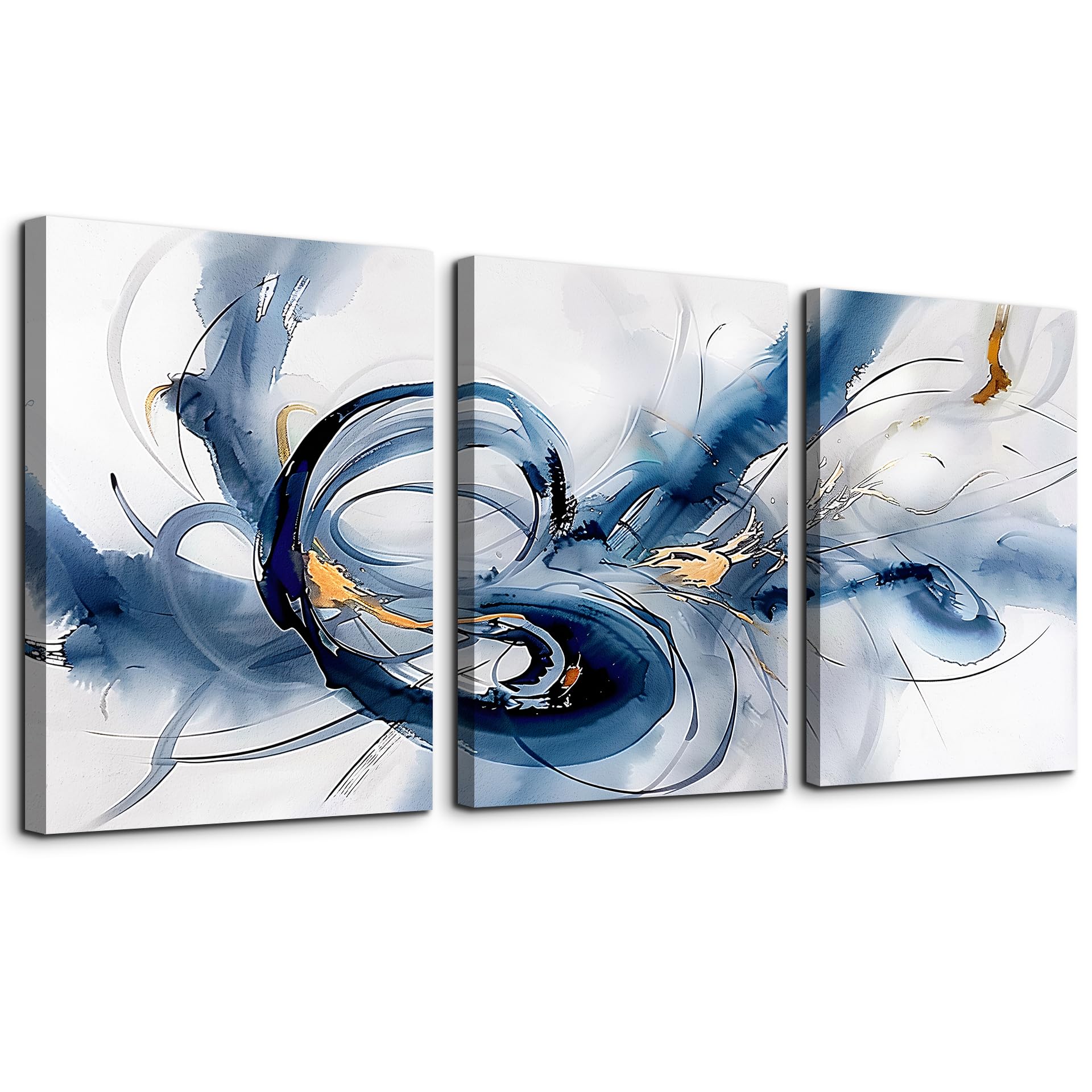 Abstract Minimalist Canvas Wall Art Set of 3 - Blue Ink Paintings for Living Room, Bedroom & Office Decor - Modern Large Wall Decor Pictures & Posters for Home Decoration | Perfect for Contemporary Spaces, Housewarming Gifts & Interior Design Projects