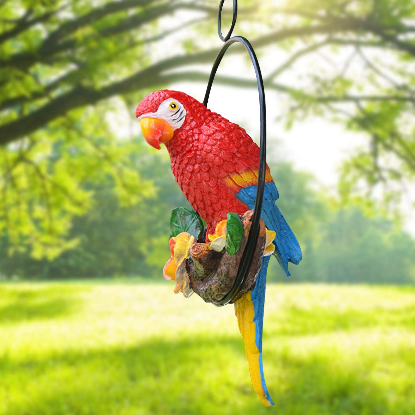 Metal Macaw Parrot Sculpture on Branch - Hanging Tropical Bird Figurine for Patio, Garden & Home Decor | Nature Lover Gift & Collector's Item (Red) | Perfect for Outdoor Spaces, Bird Enthusiasts & Tropical-Themed Interiors