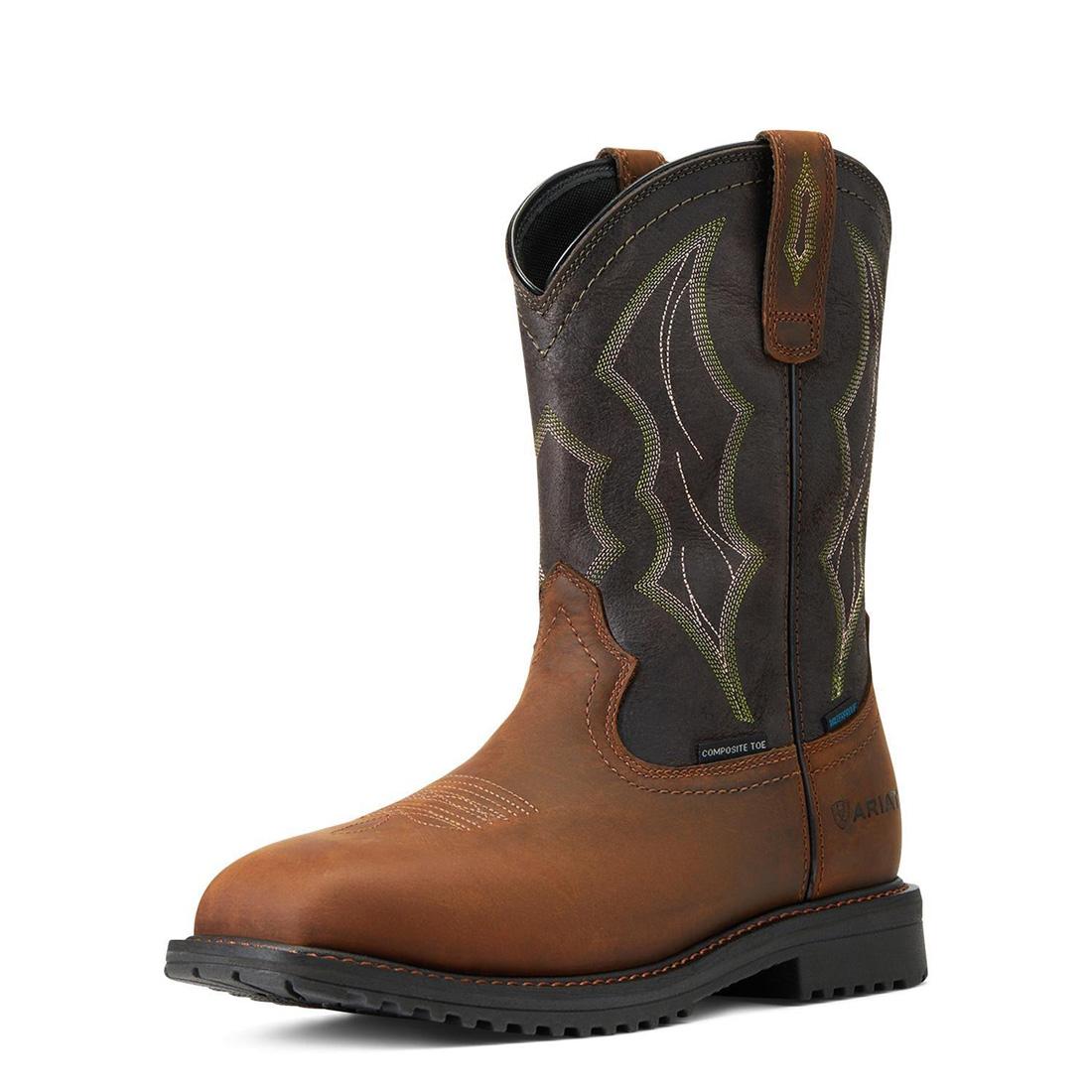**RigTek Composite Toe Waterproof Work Boots for Men - Wide Square Toe, Distressed Brown - Ideal for Construction, Outdoor & Heavy Duty Jobs**