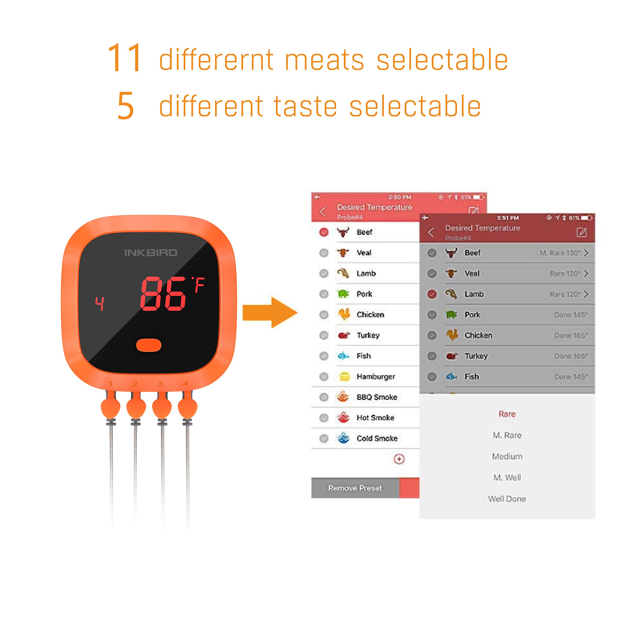 Inkbird IBT-4XC 150FT Waterproof Bluetooth Meat Thermometer with 4 Probes, Magnet, Timer & Alarm | Wireless Digital BBQ Grill Thermometer for Cooking, Smoking, Grilling | Perfect for Kitchen, Oven, Smoker & Outdoor BBQ Parties