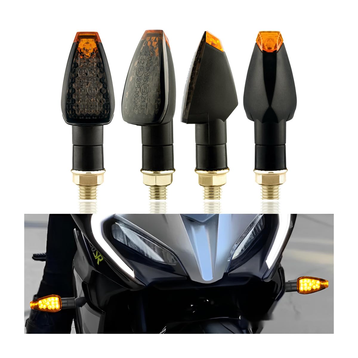 BESULEN 4Pcs Motorcycle Turn Signal Lights - 14 LED 12V Amber Indicator Blinkers for Front & Rear, Black LED Stalk Arrow Lights - Perfect for Harley, Honda, Yamaha & Cruiser Bikes
