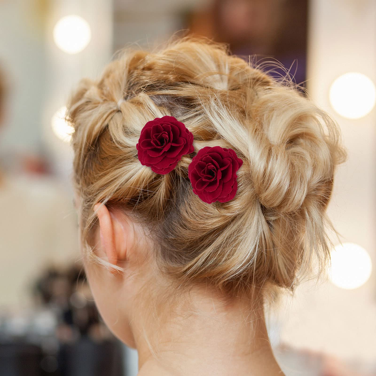 Lurrose 6pcs Red Rose U-Shaped Hair Pins - Bridal Hair Sticks for Wedding, Bridesmaid Hair Accessories, Updo Hair Clips - Perfect for Weddings, Prom, Parties & Special Occasions