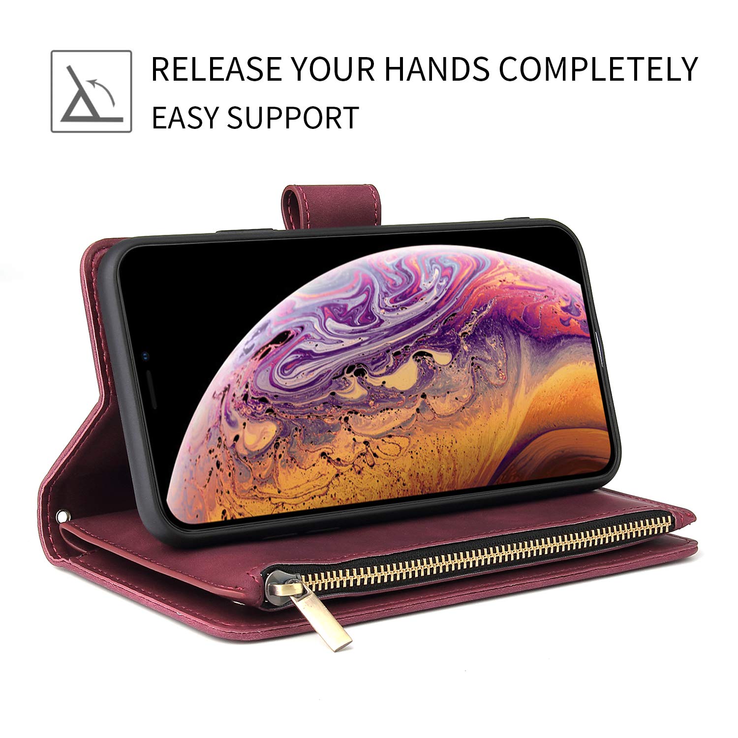 Premium PU Leather Magnetic Wallet Case for iPhone SE 2022/SE3/SE2/SE 2020/7/8 - Handbag Style with Zipper Pocket, Card Slots & Wrist Strap | Wine Red | Perfect for Daily Use, Travel & Shopping