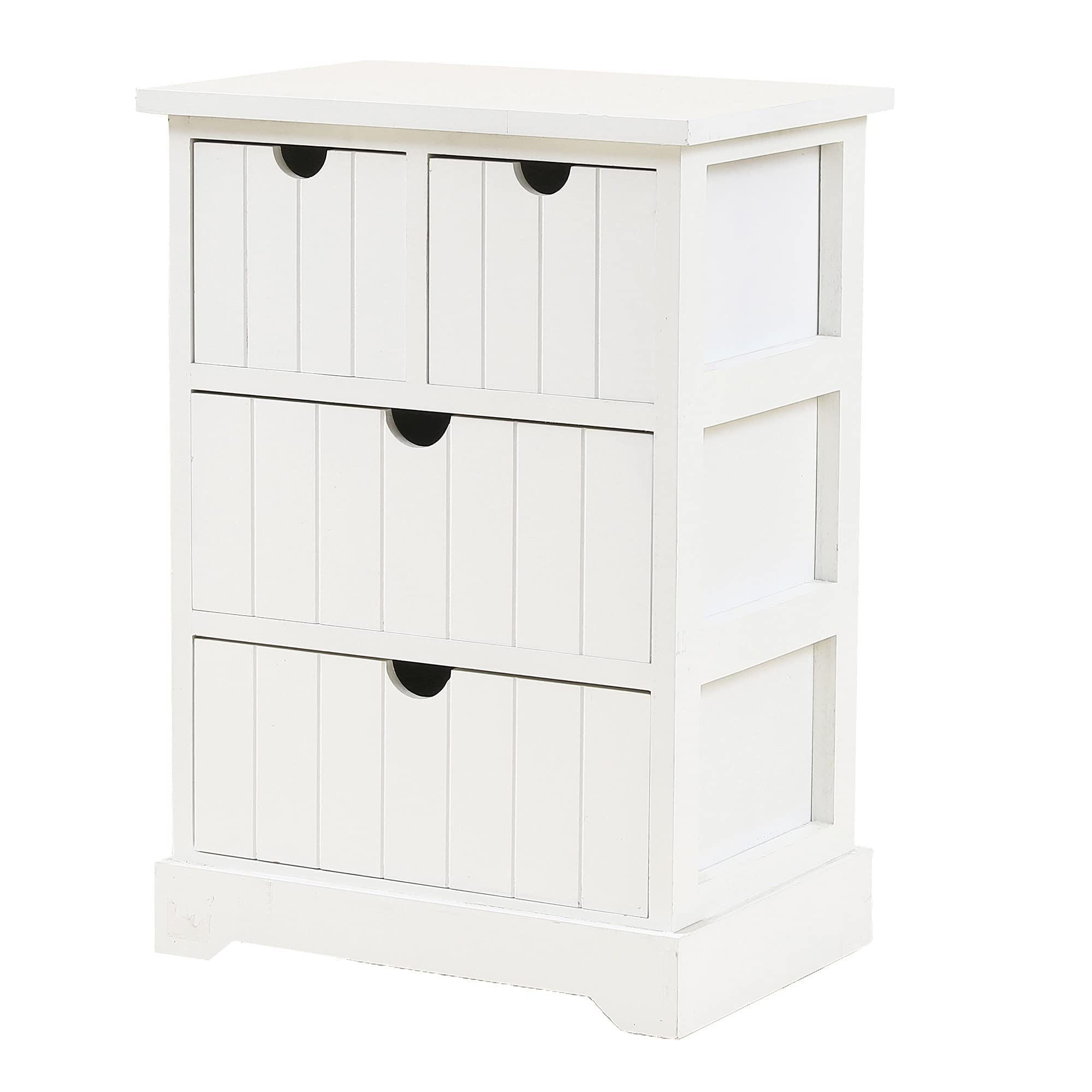 LuxenHome 4-Drawer Bead Board Wood Storage Cabinet - White Accent Chest with Cut-Out Handles, End Table & Nightstand for Living Room, Bedroom, Hallway (16 Inch) - Perfect for Small Space Organization & Home Decor