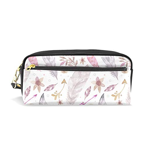 PU Leather Boho Style Watercolor Feathers Pattern Travel Cosmetic Bag - Women's Makeup Clutch Pouch & Toiletries Organizer for Vacation, Gym, and Daily Essentials Storage