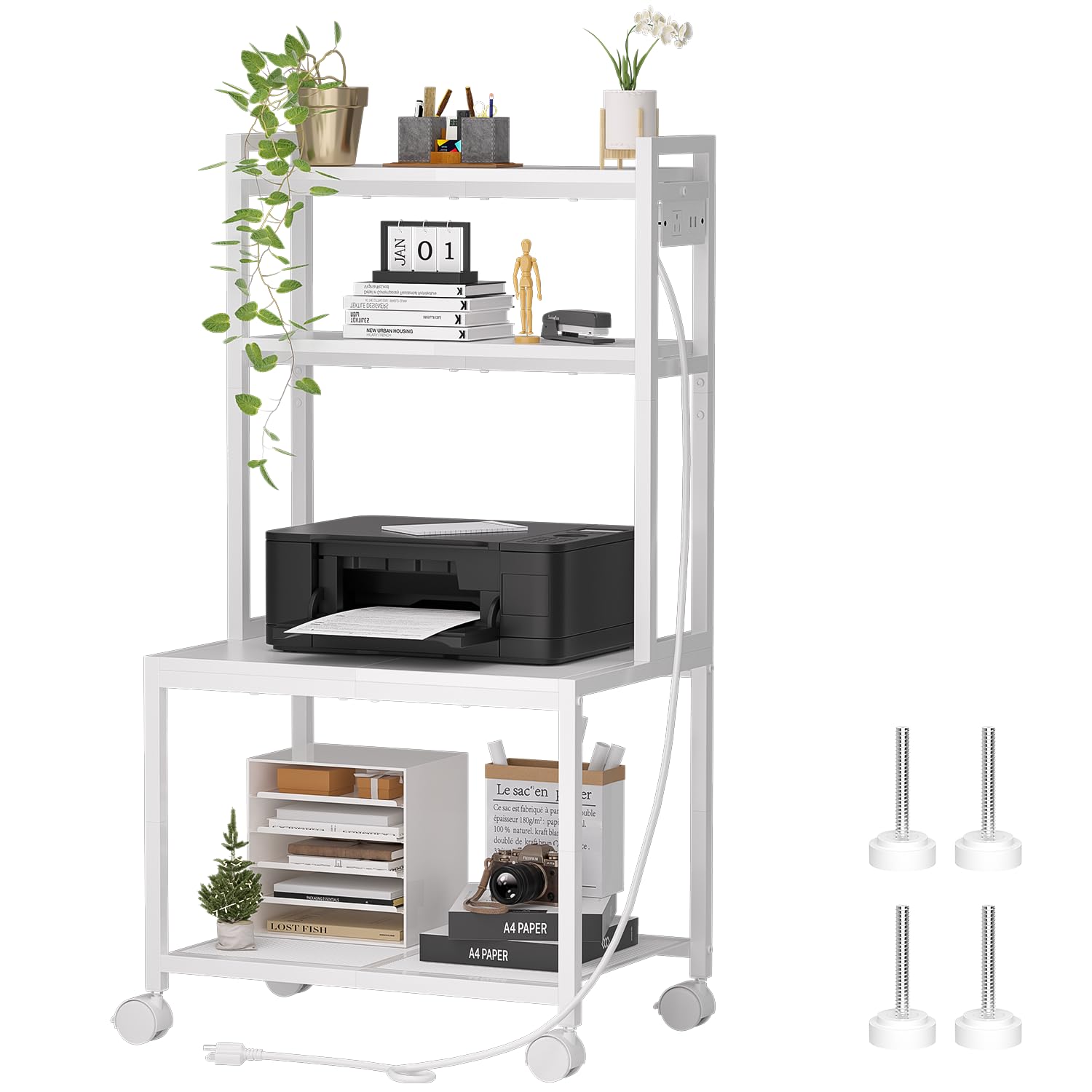 4-Tier Printer Stand with Charging Station & Storage - Mobile Printer Cart with Wheels for Home Office, Kitchen, Living Room - Perfect for Printer, Scanner Organization (White)