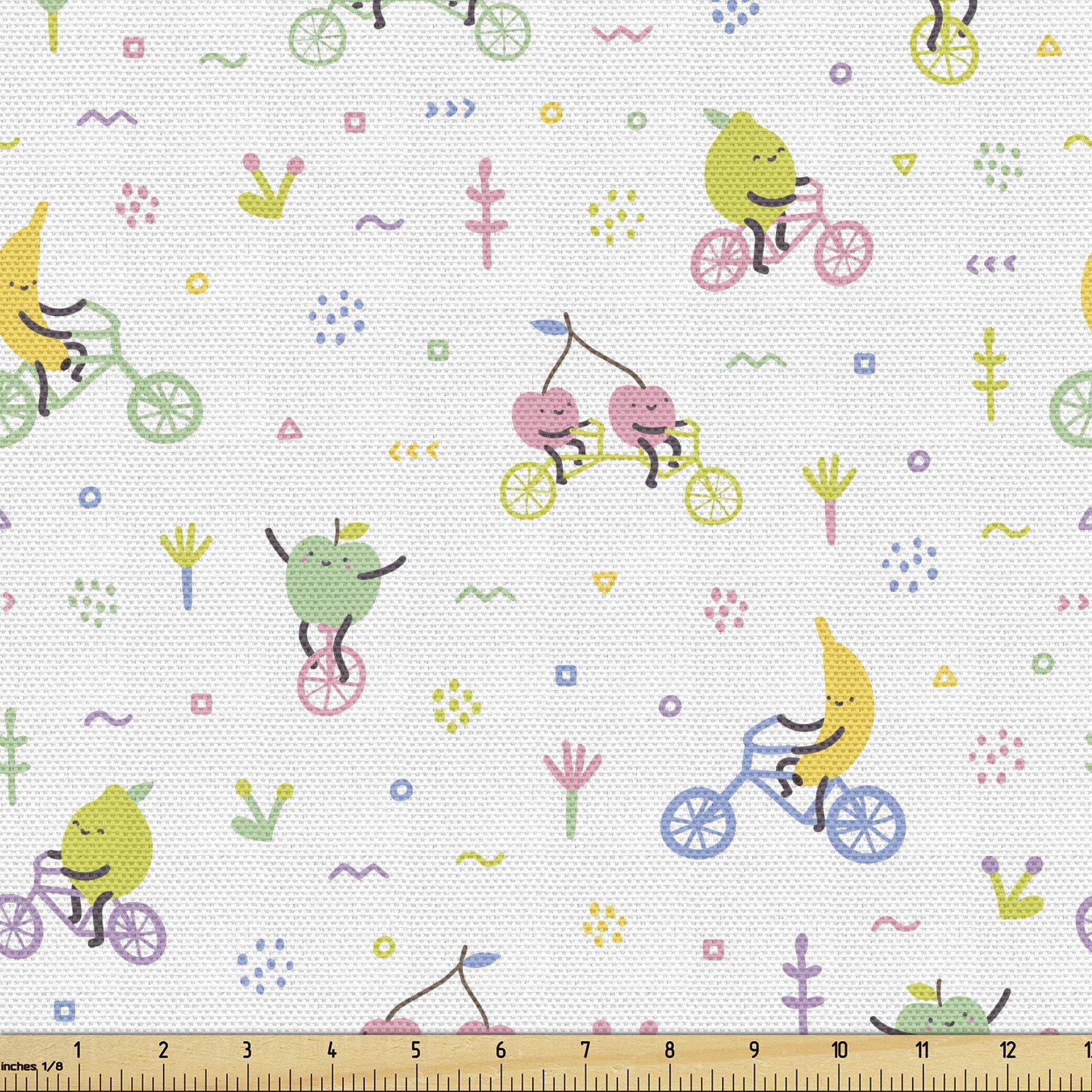 Ambesonne Whimsical Happy Fruits Riding Bicycles Cartoon Fabric by The Yard - 10 Yards White Multicolor Upholstery Fabric for Sofa, Curtains & Home Decor | Perfect for DIY Projects, Crafting & Interior Design