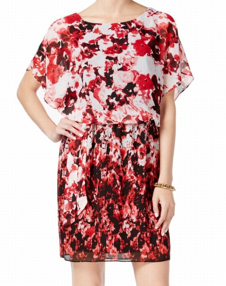 Connected SL Fashions Women's Chiffon Floral-Print Blouson Dress - Elegant Red & White Floral Pattern, Size 4 - Perfect for Summer Parties, Weddings & Special Occasions