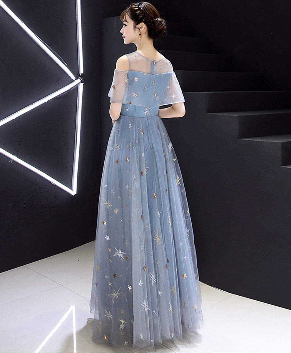 Elegant Blue Round Neck A-Line Long Prom Dress with Tulle Skirt - Perfect for Evening Gala, Formal Dance & Special Occasions
