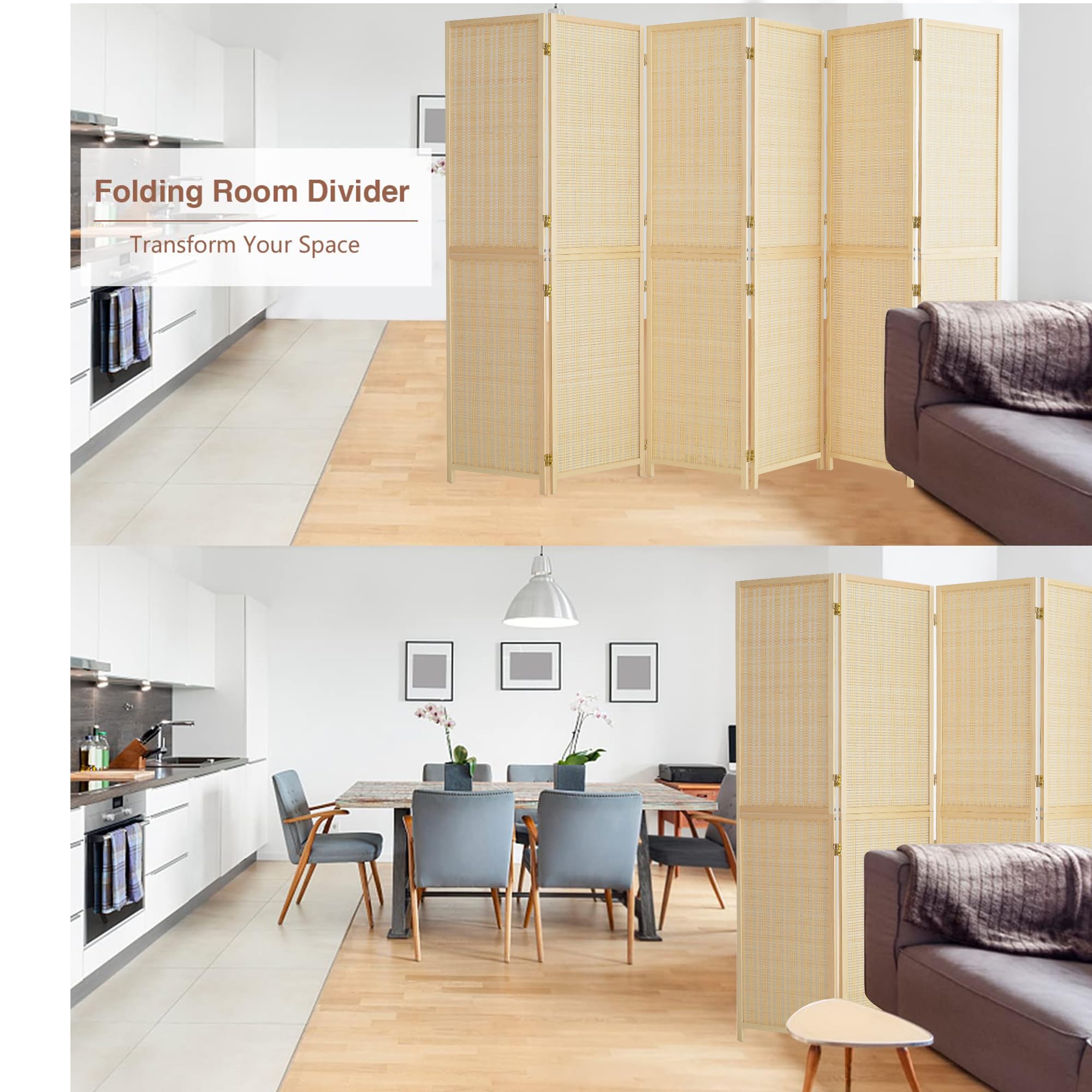 Duraspace 6 Panel Bamboo Room Divider - 6ft Tall Folding Privacy Screen for Home Office, Bedroom Separation & Portable Freestanding Wall Partition - Sturdy Double Hinge Folding Screen for Indoor Decor, Yoga Studio & Event Spaces