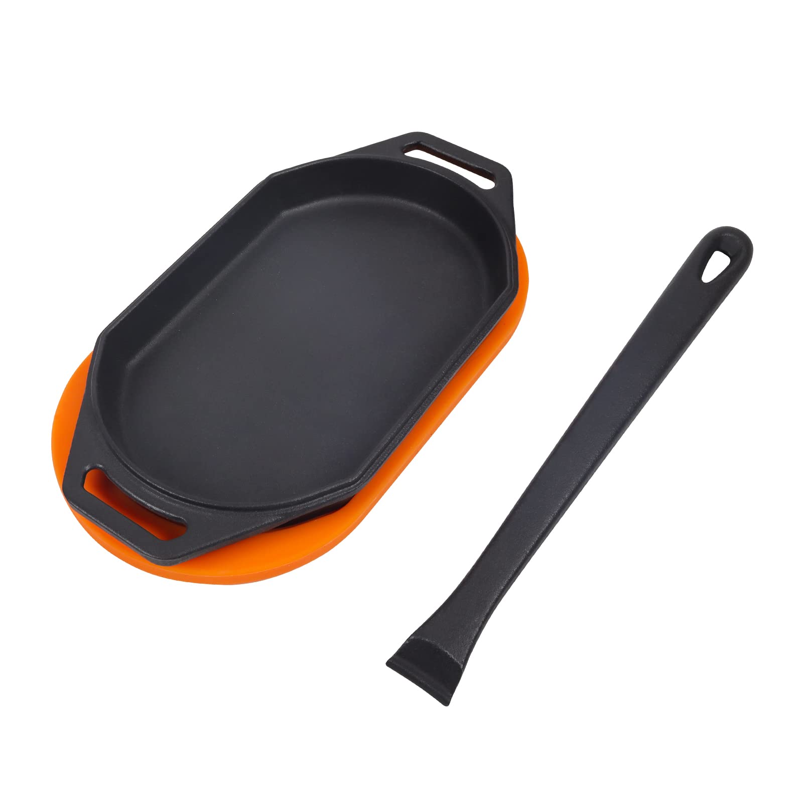 Cast Iron Sizzler Plates for Pizza Oven - Heavy Duty Grizzler Pan with Silicone Mat & Lifting Handle - Perfect for Outdoor/Indoor Pizza Ovens, Camping, BBQ Grilling & Kitchen Use - Ideal for Cooking Steaks, Burgers, Pancakes & More
