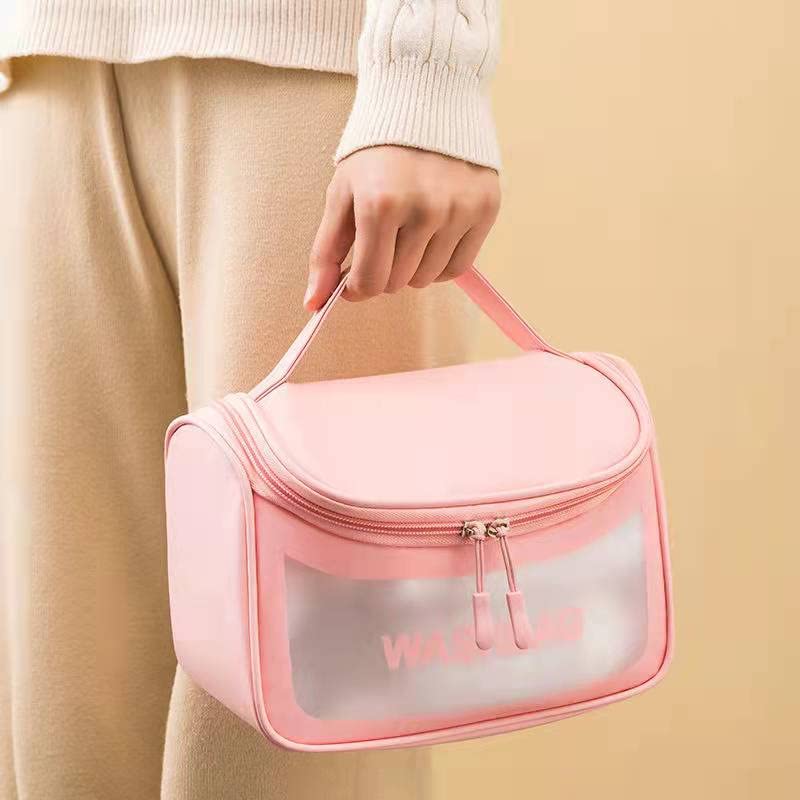 Transparent PVC Cosmetic Travel Bag - Pink Toiletry Organizer for Women & Girls, Perfect for Travel & Daily Use