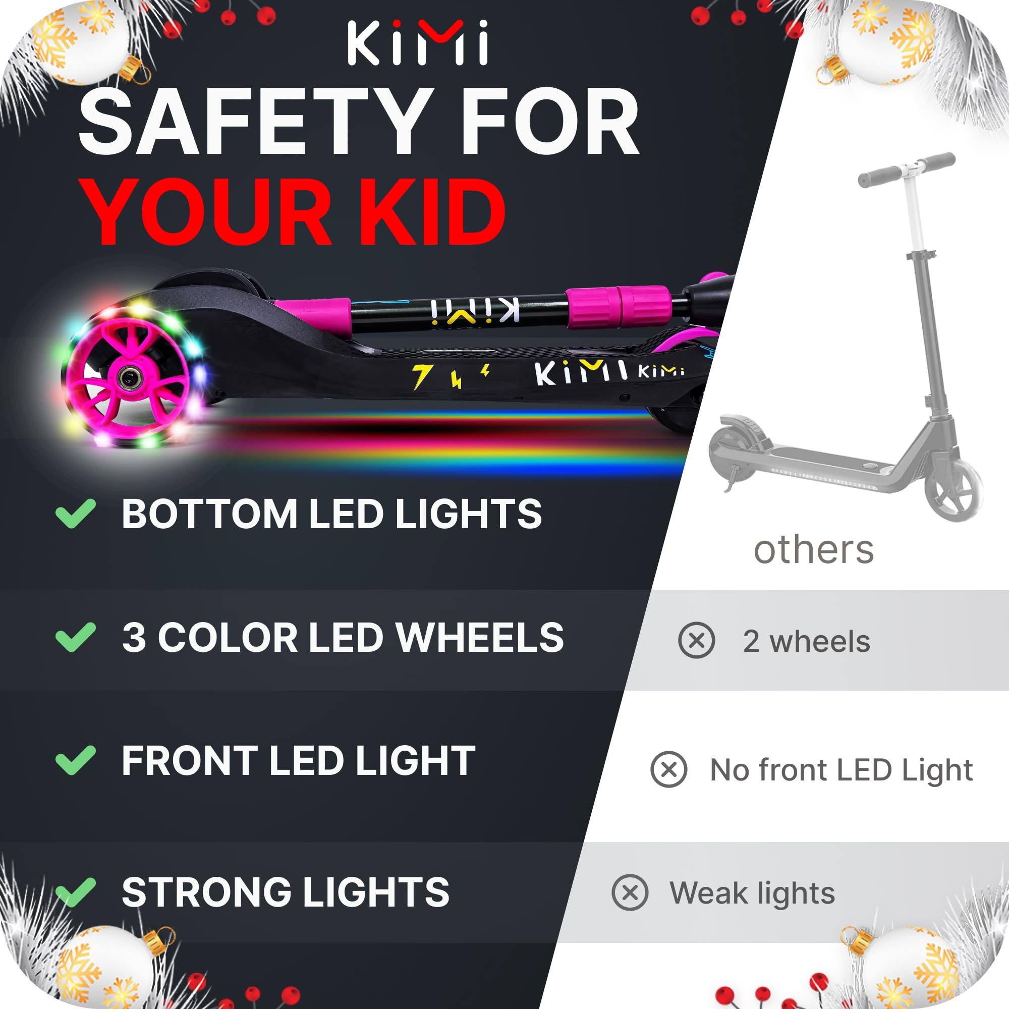 Kimi 3 Wheel Electric Scooter for Kids Ages 2-9 - Safe LED Light Up Wheels & Front Light, Foldable E-Scooter with 10 Mile Range - Perfect for Boys & Girls Outdoor Play, Commuting to School, and Neighborhood Rides