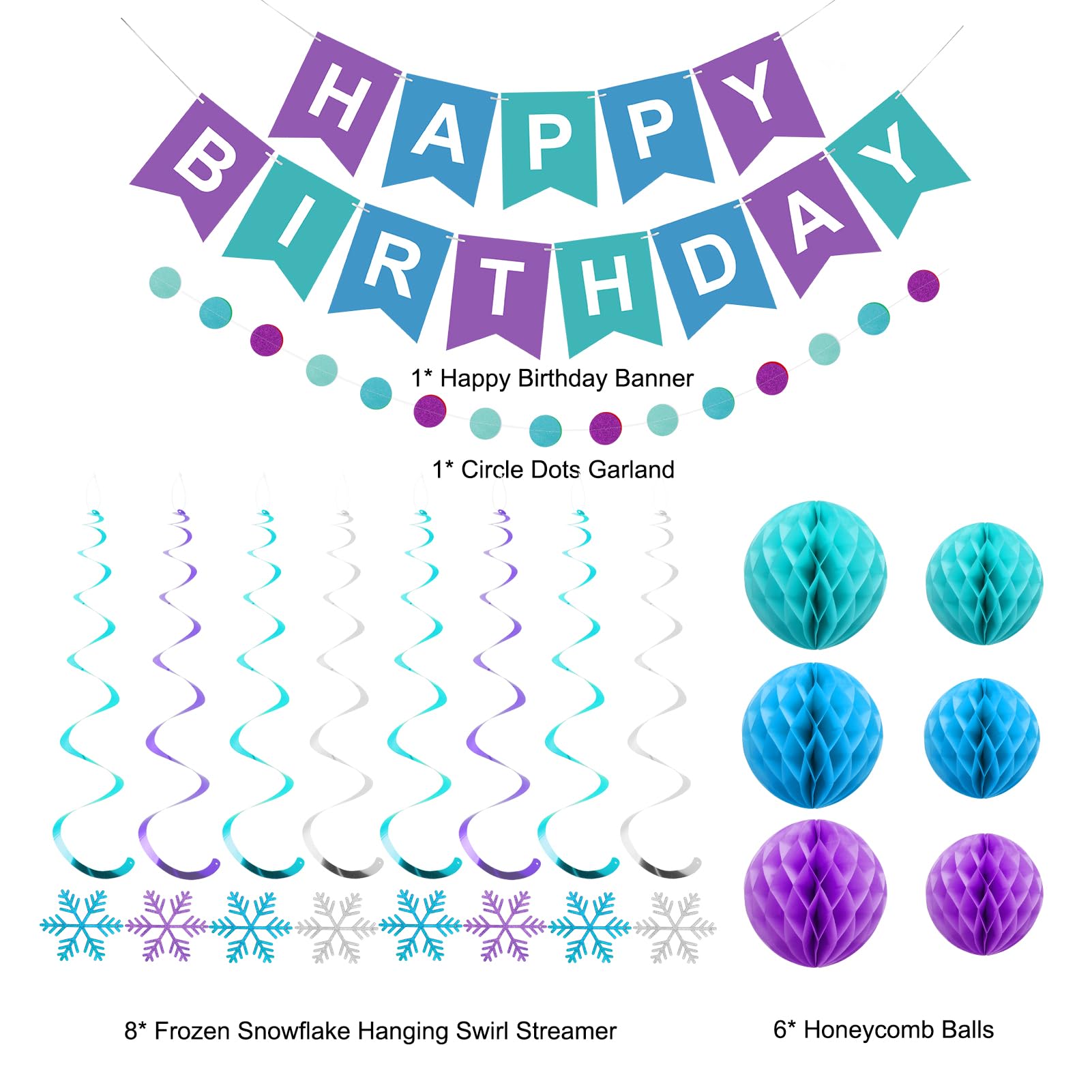 Meowtastic Frozen Birthday Party Decorations Kit - Happy Birthday Banner, Honeycomb Balls, Snowflake Hanging Swirls & Circle Dot Garlands - Winter Themed Birthday Decor for Boys & Girls - Perfect for Frozen Themed Parties, Winter Celebrations & Kids Birthday Decorations