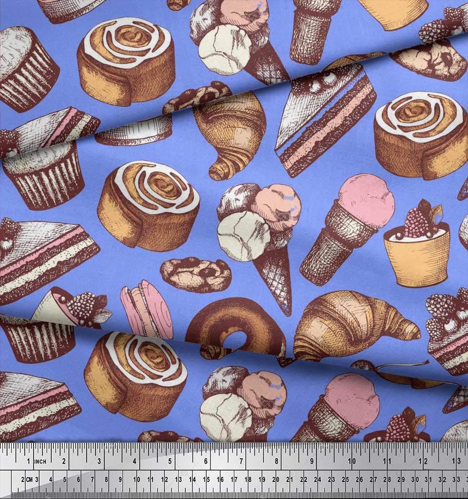 Soimoi Japanese Crepe Fabric - 42 Inch Wide Blue Cupcake Donut Cookies Print Cotton Fabric by The Yard - Whimsical Food Pattern Material for DIY Crafts, Quilting, Dressmaking & Home Decor Projects