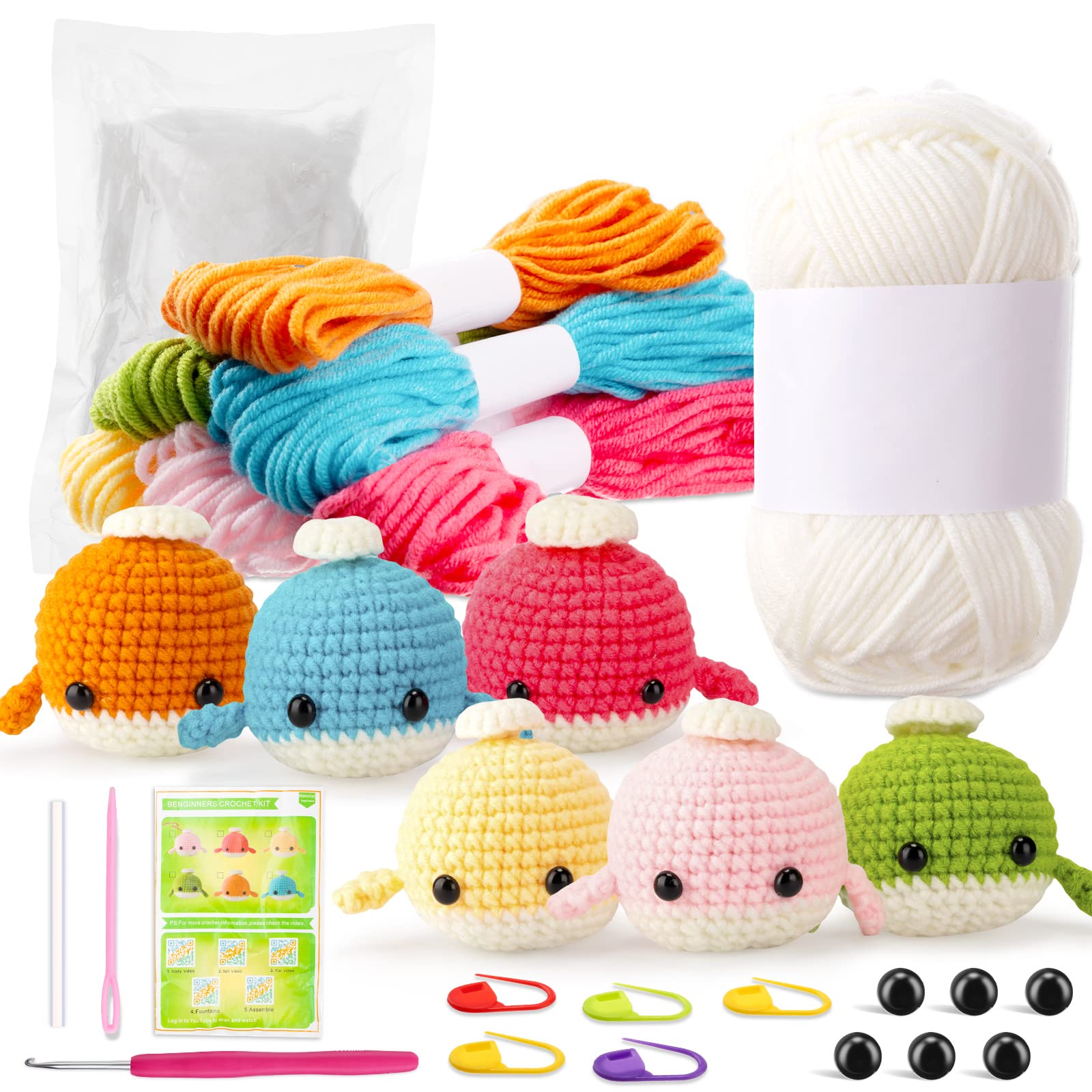 Lenwen 6-Piece Whale Crochet Kit for Beginners - Complete DIY Crochet Animal Set with Step-by-Step Instructions & Video Tutorial - Perfect for Kids & Adults - Cute Handmade Keychain Gift for Birthdays, Home Decor & Craft Lovers