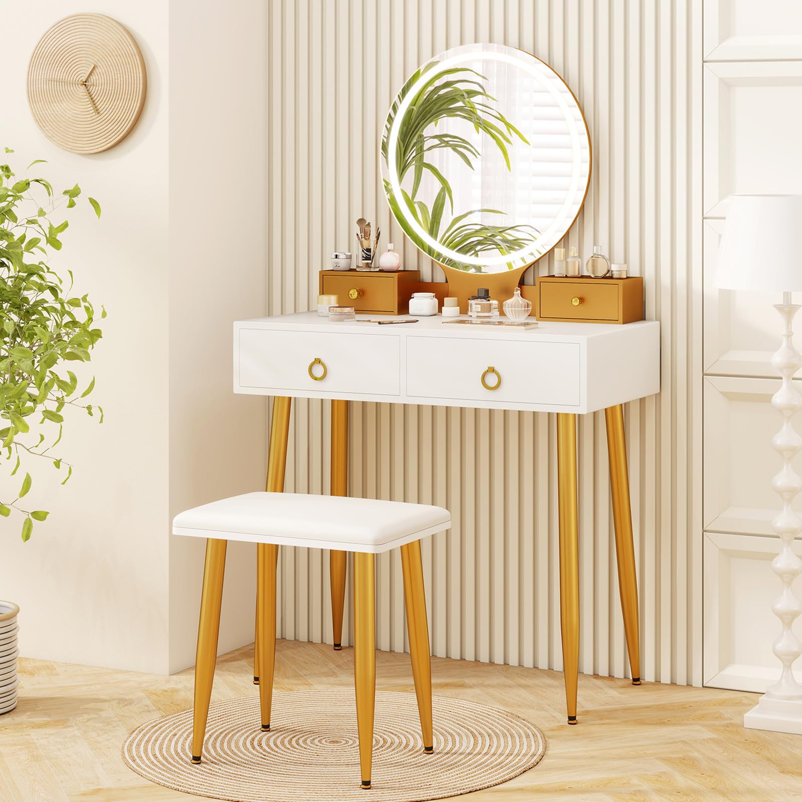 Charmaid Vanity Desk with Mirror & LED Lights - Modern Makeup Dressing Table with 4 Storage Drawers, 3 Lighting Modes & Adjustable Brightness, White & Gold Vanity Set with Stool - Perfect for Bedroom, Boudoir & Beauty Room Organization