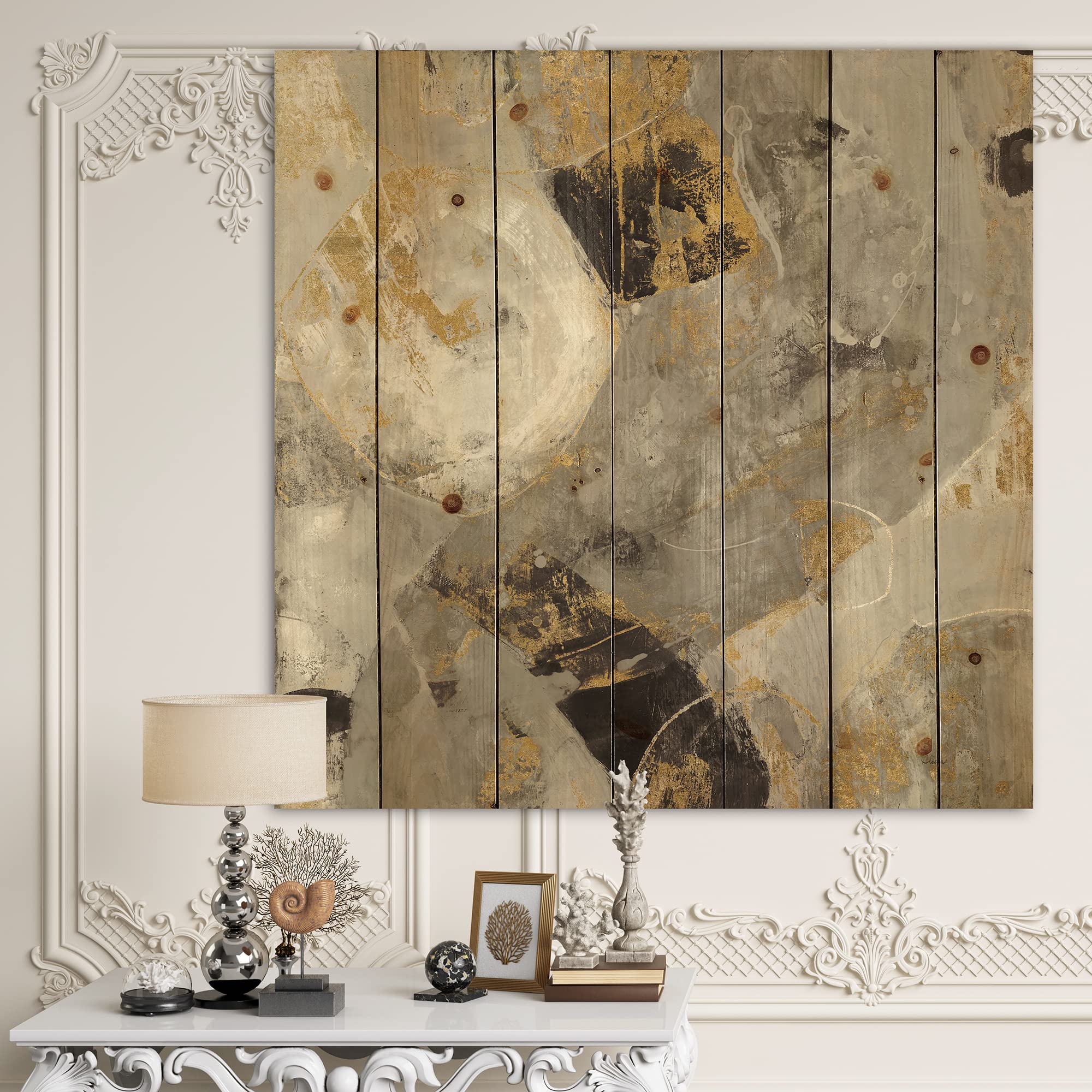 Modern Gold Wood Wall Art - Large Abstract Desert Neutral Wall Decor Printed on Natural Pine Wood - Perfect for Living Room, Bedroom & Office Decor