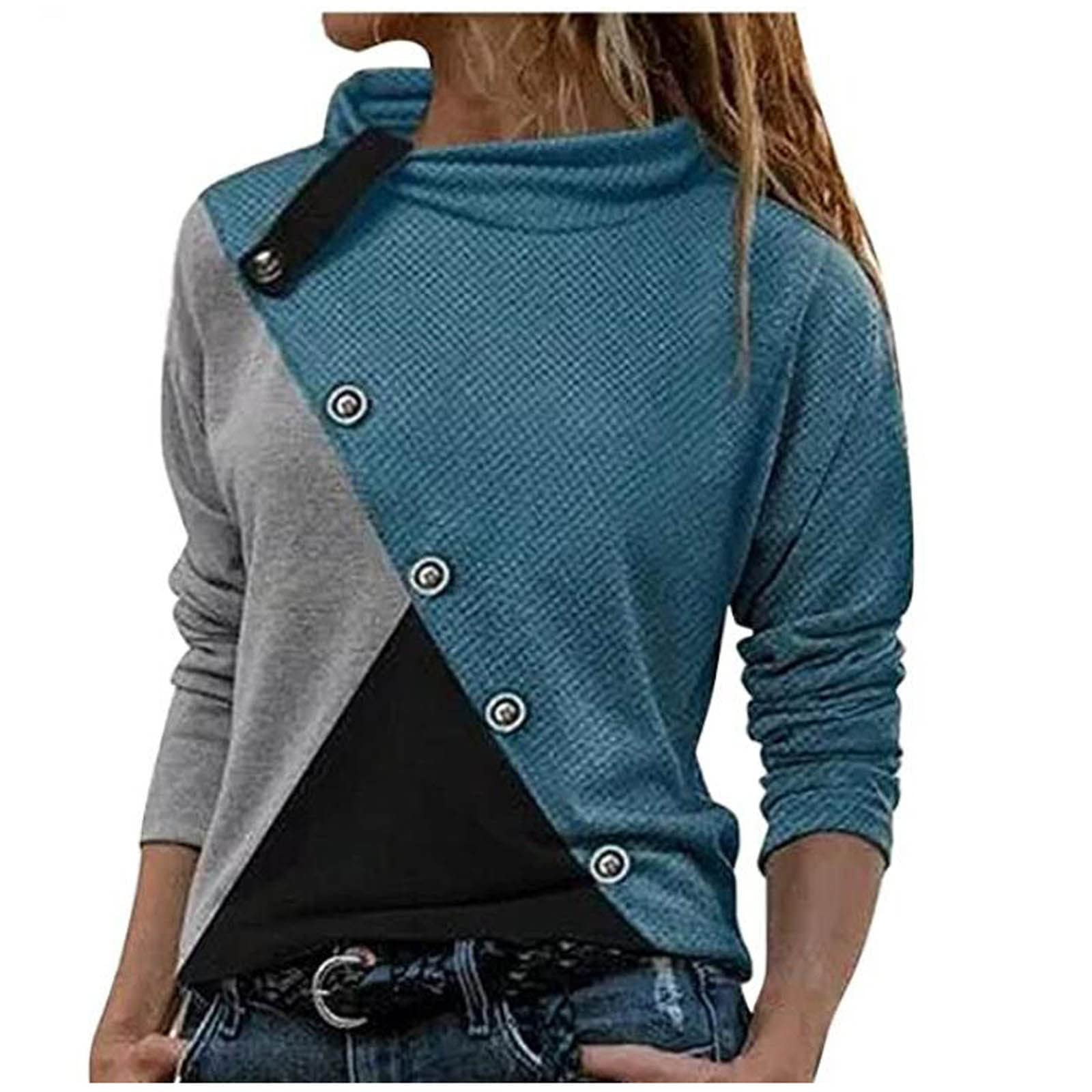 Women's Cowl Neck Sweater - Fall Fashion Color Block Long Sleeve Waffle Knit Blouse with Buttons | Plus Size Casual Tops for Work, Date Night & Autumn Outfits