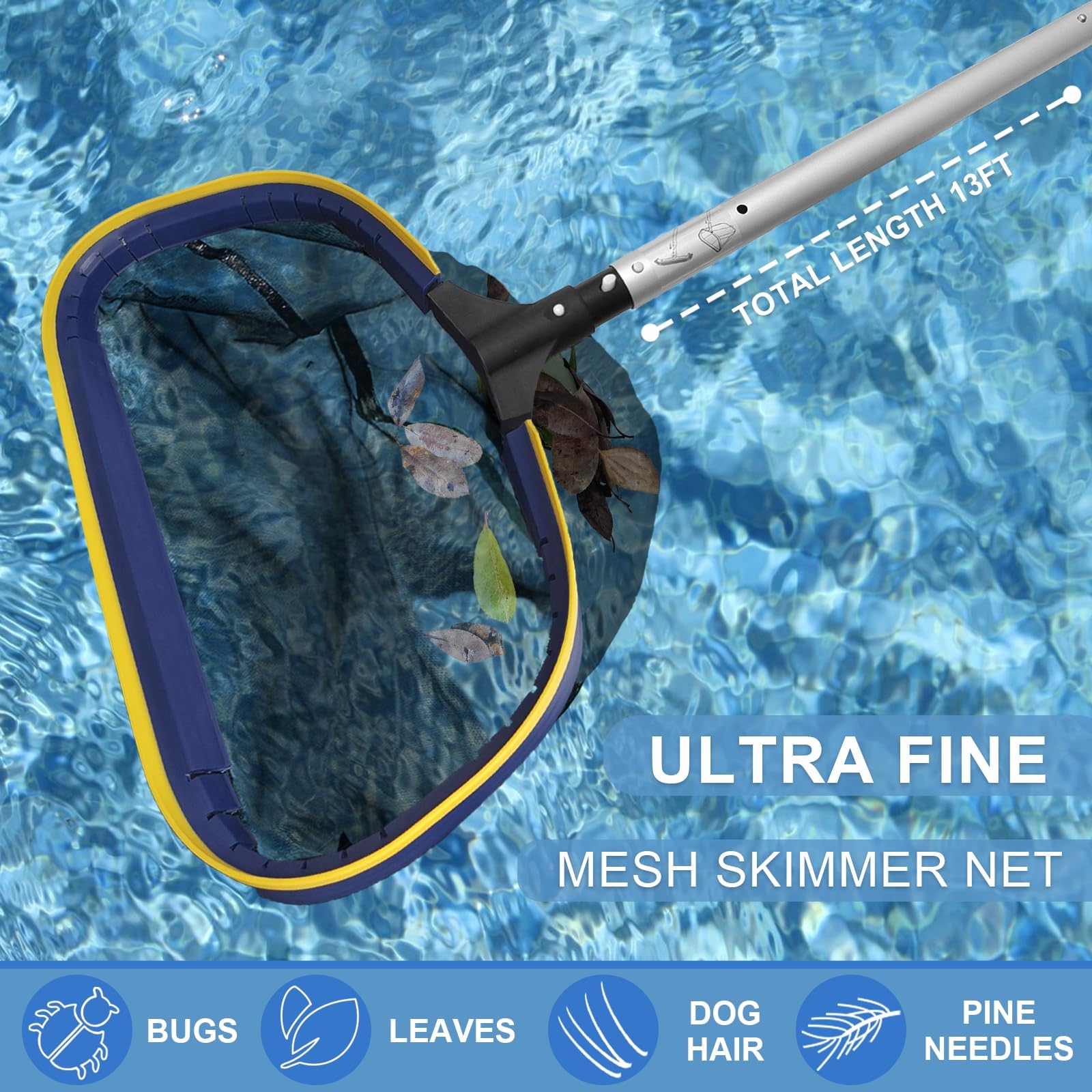 Poolvio 5-in-1 Pool Cleaning Kit - Semi-Deep Skimmer Net, Aluminum Leaf Rake, 20' Brush with 13ft Adjustable Pole - Perfect for Inground & Above Ground Pool Maintenance