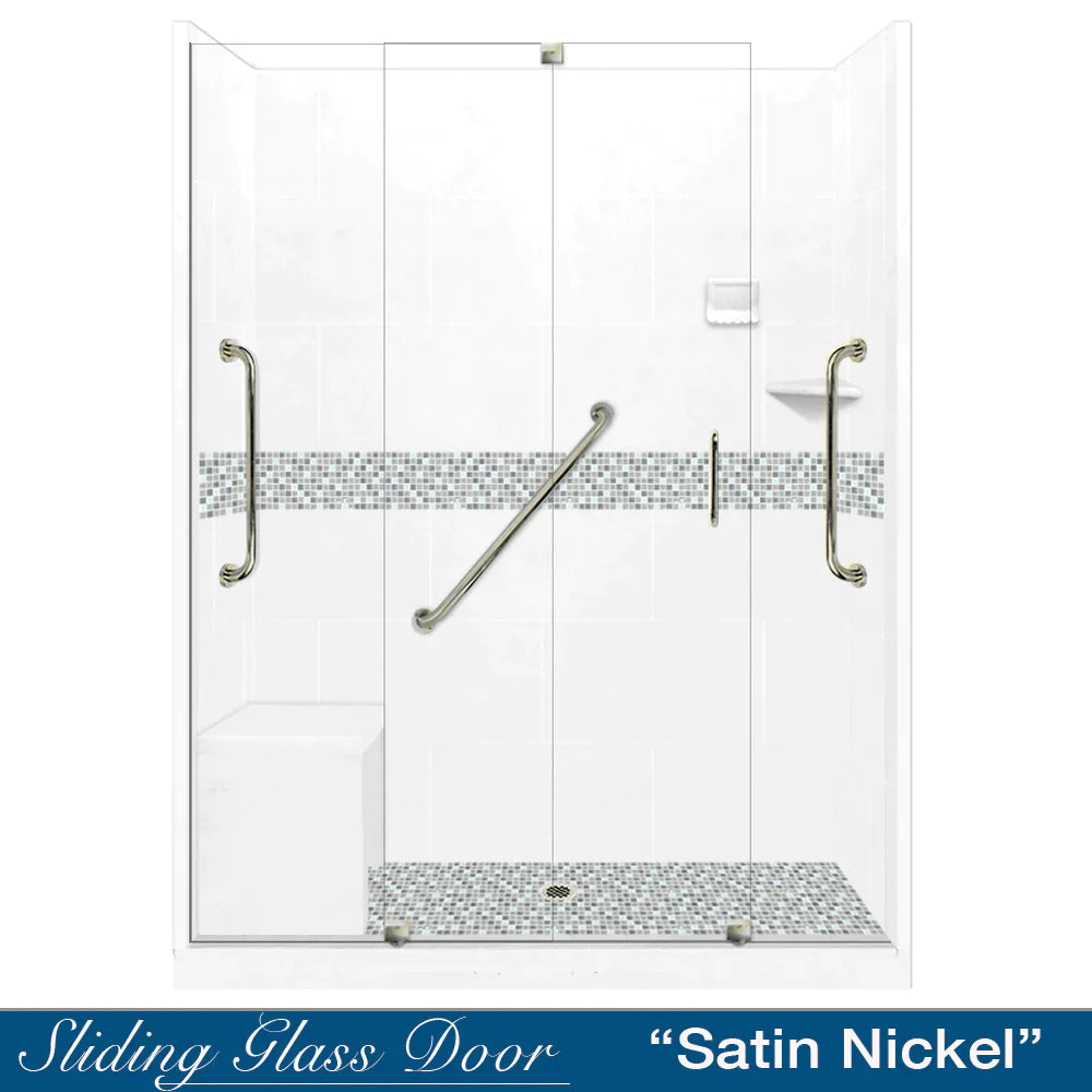 60 Alcove Natural Buff Sistine Stone & Del Mar Mosaic Accent DIY Shower Remodel Kit with Free Shampoo Niche - Bathroom Renovation Tile Set for Shower Walls and Backsplash