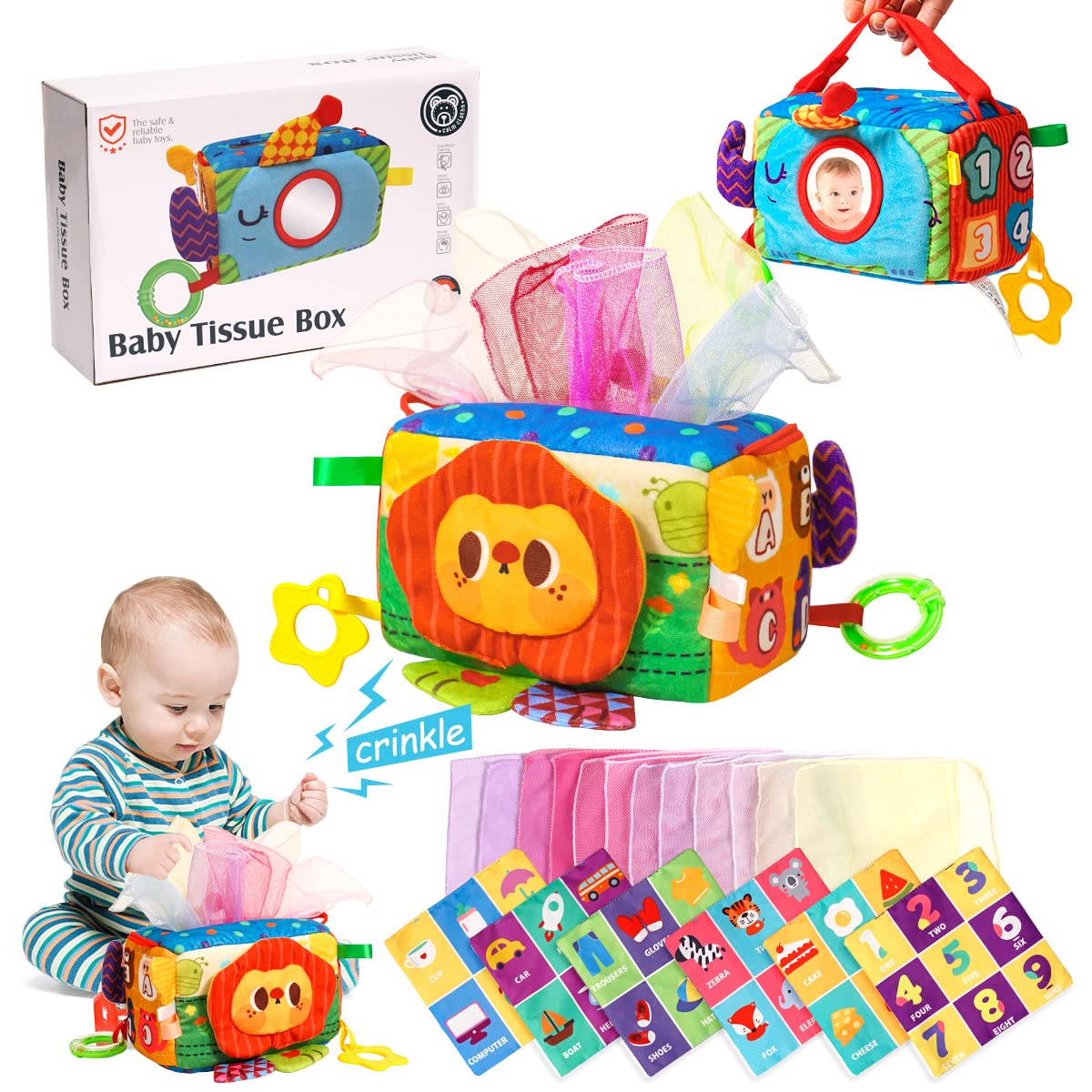**TaotaoToys Baby Tissue Box Toy - Montessori Sensory Toy for 6-12 Month Old Boys & Girls, Magic Tissue Box with Mirror, Teether & Rattle - Perfect Travel Toy & Christmas/Birthday Gift for Toddlers (Great for Home, Car & Airplane Playtime)**