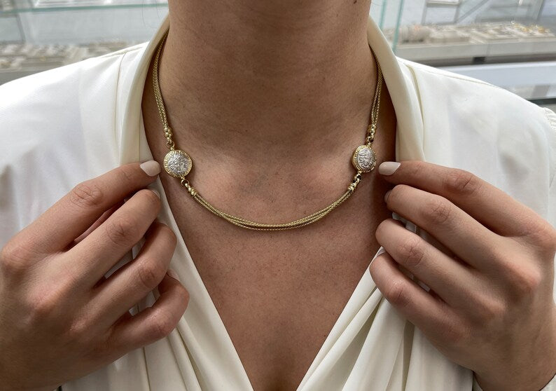 14K Solid Yellow Gold Medusa Head Triple Box Chain Necklace - 17-19 Inches, Elegant Layered Statement Jewelry for Women, Perfect for Parties, Weddings and Special Occasions