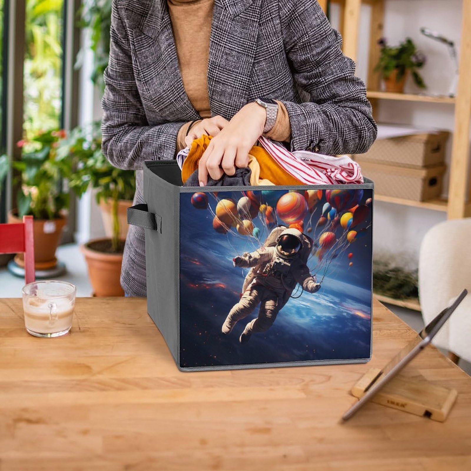 6-Pack Foldable Storage Cubes with Handles - Space Astronaut Themed Square Organizer Bins for Closet, Nursery, Kids Room & Office Organization