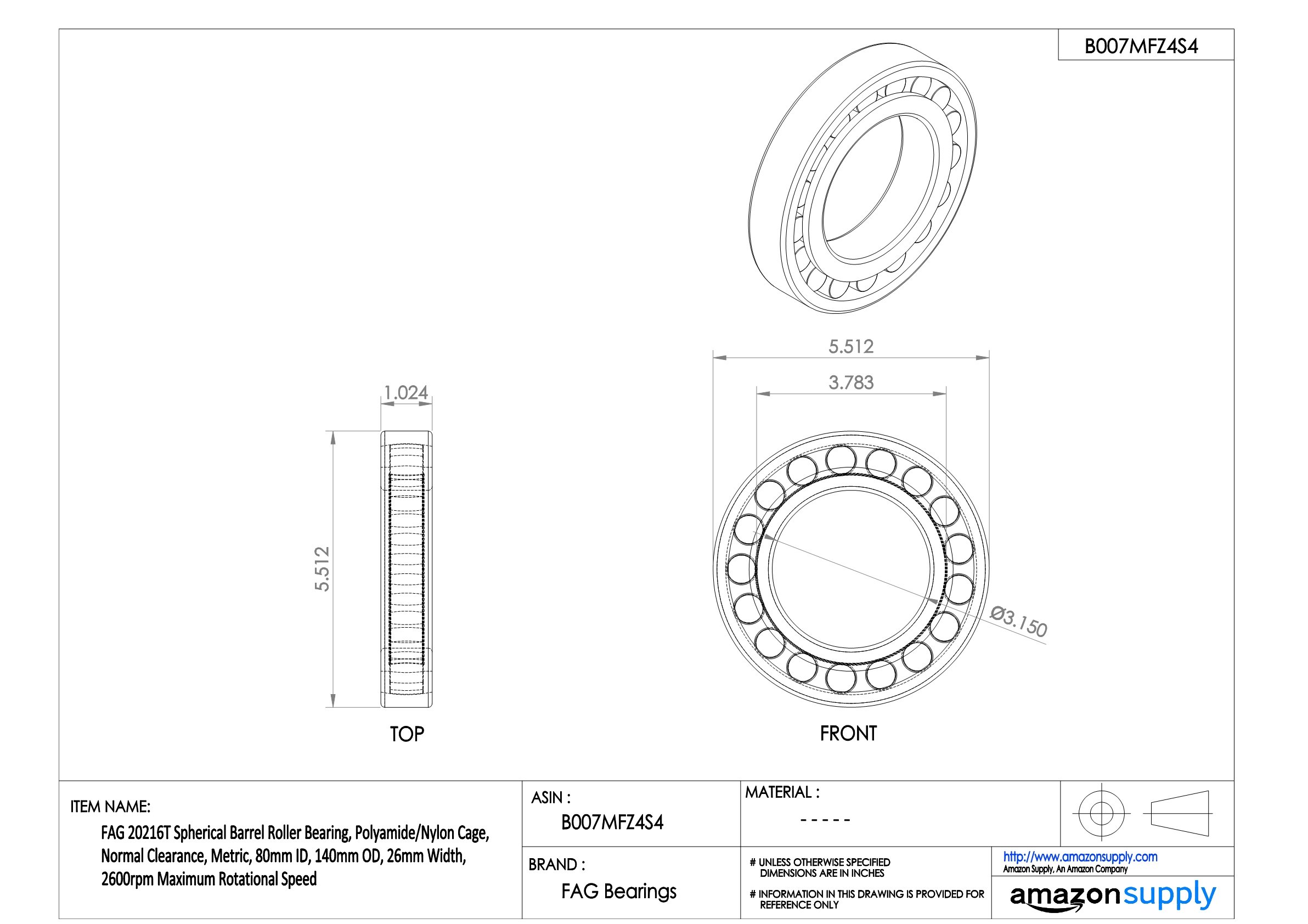High-Quality 20216T Spherical Barrel Roller Bearing with Polyamide/Nylon Cage - 80mm ID, 140mm OD, 26mm Width, Metric Size, Normal Clearance, 2600rpm - Ideal for Industrial Machinery, Heavy Equipment, and Automotive Applications