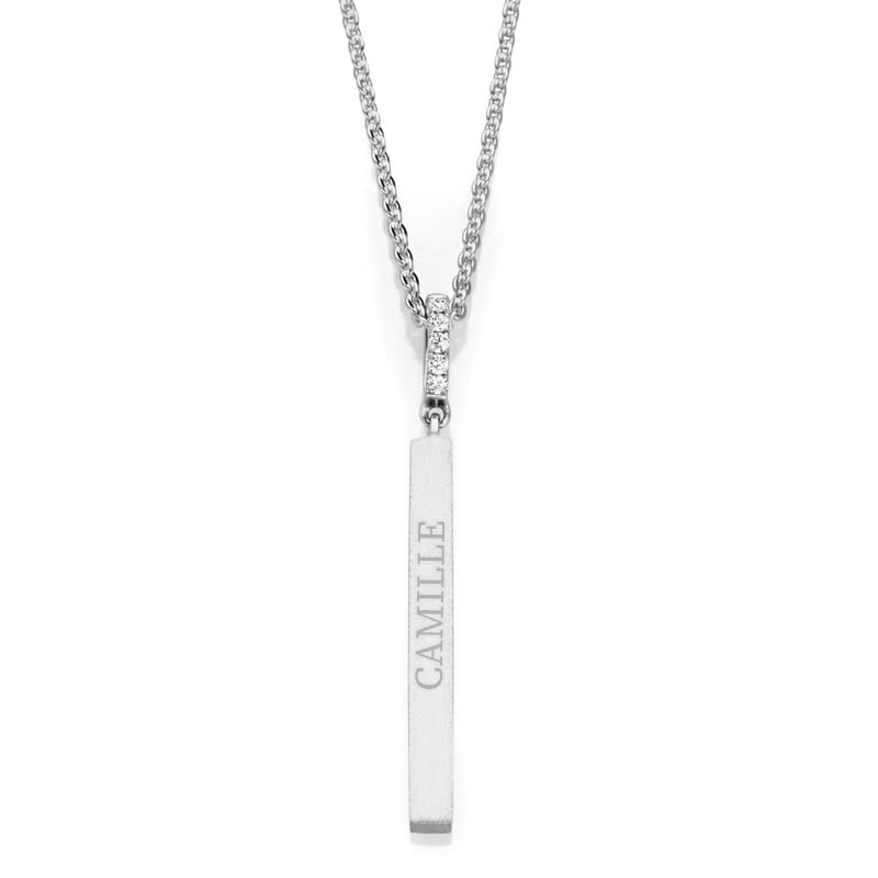 Personalized 3D Vertical Sterling Silver Bar Pendant Necklace - Custom Engraved Name, Dainty Diamond Accent, Gold Plated Jewelry Gift for Women | Anniversary, Birthday, Valentine's Day Present