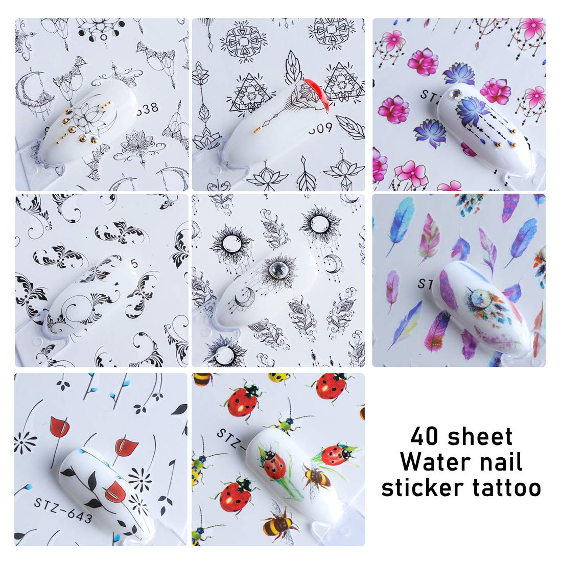 10 Pack Flower Nail Art Stickers - Water Slide Decals with Rhinestones for Acrylic Nails - DIY Nail Decorations for Manicure & Pedicure - Perfect for Parties, Weddings, and Salon Use (Style 1)