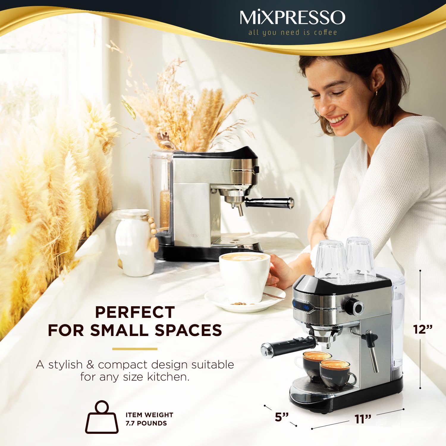 Mixpresso Professional 15 Bar Espresso Machine with Milk Frother - Fast 1450W Heating, 37Oz Water Tank & Double-Cup Splitter - Perfect for Home Baristas Making Espresso, Cappuccino & Latte - Ideal for Morning Coffee, Entertaining Guests & Small Cafes