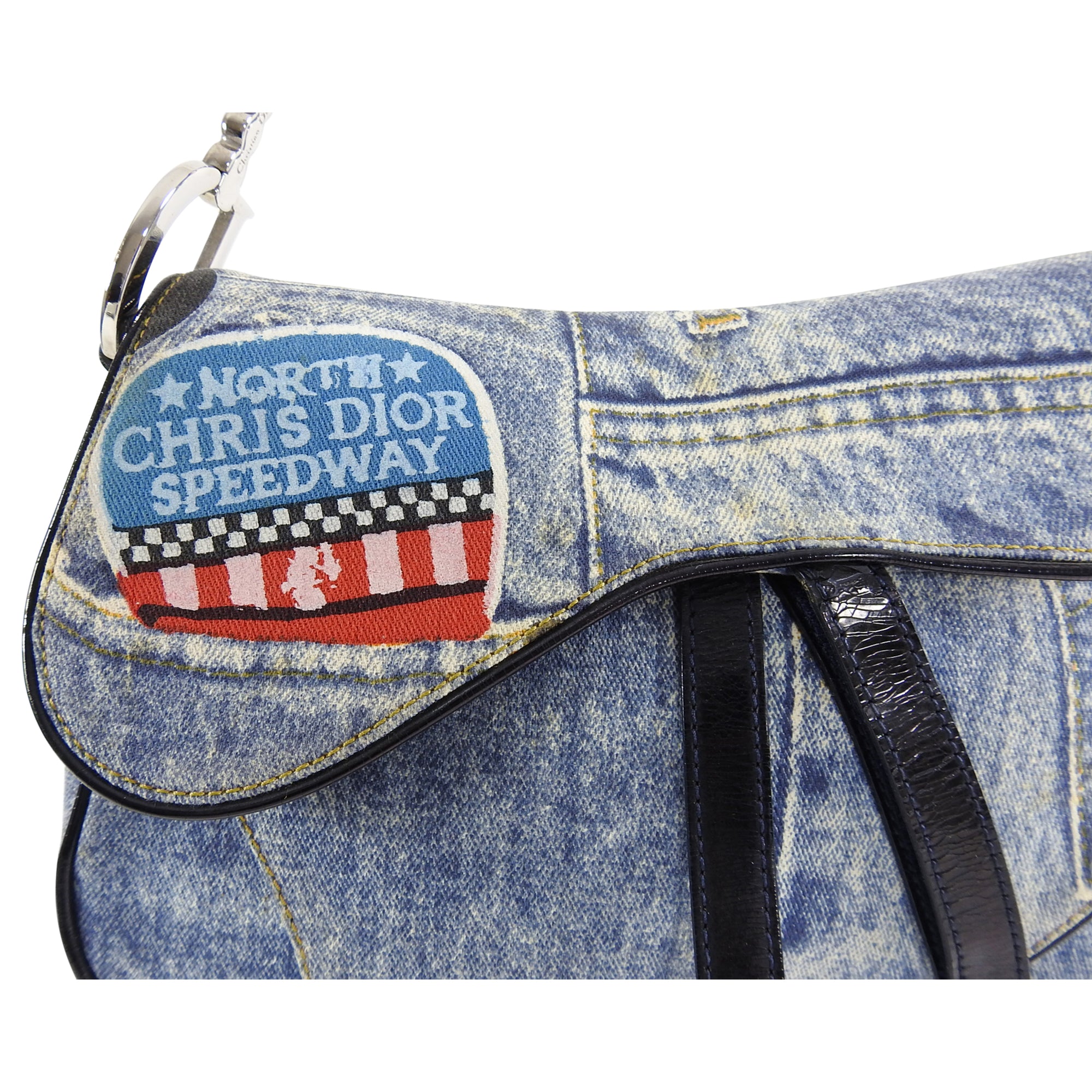 Vintage Christian Dior Blue Denim Printed Double Saddle Bag Fall 2001 Collection - Perfect for Casual Outings, Date Nights & Fashion Events