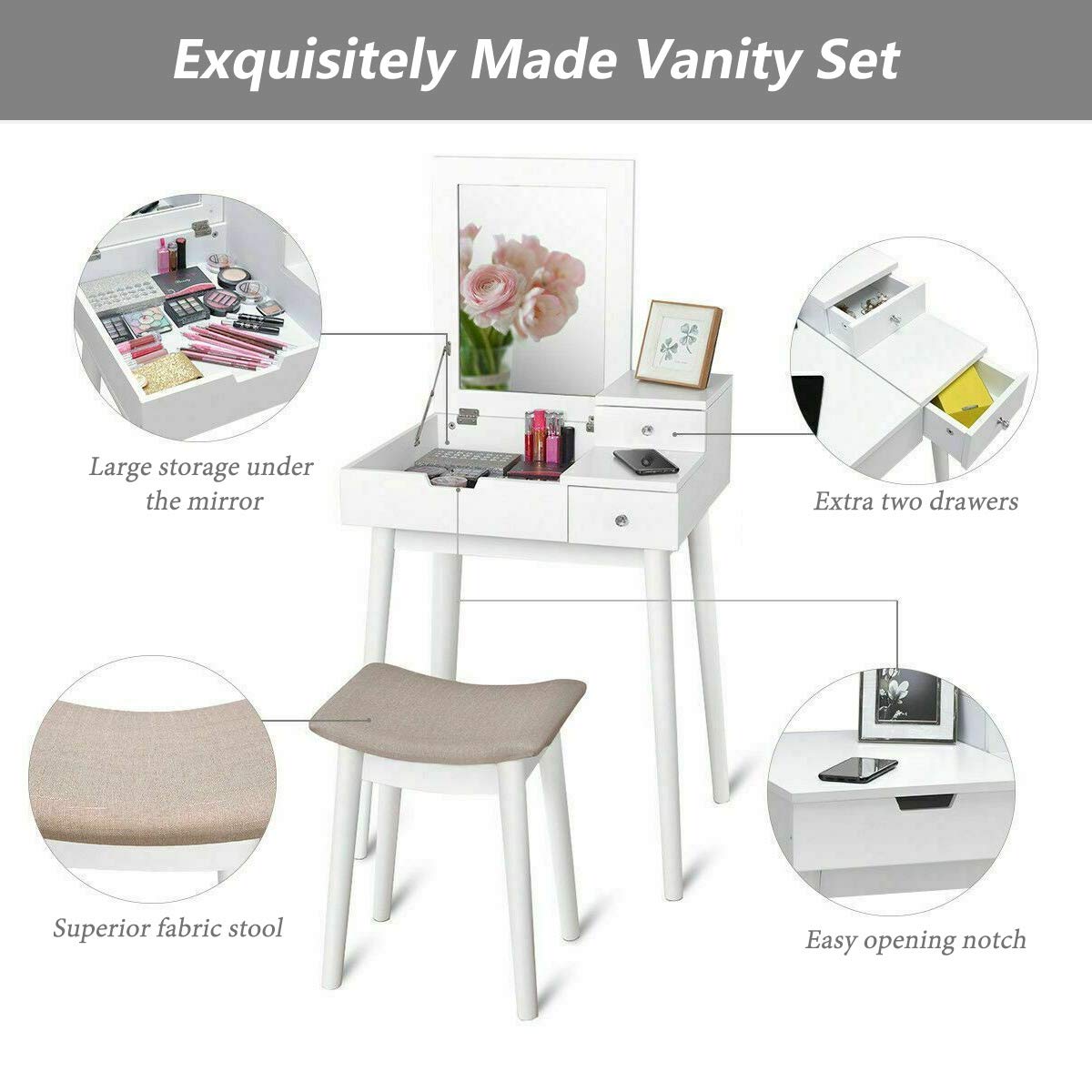 Vanity Dressing Table Set with Flip Mirror & Stool - Modern Writing Desk & Makeup Vanity for Bedroom, Home Office - Perfect for Beauty Routine, Study & Work Space