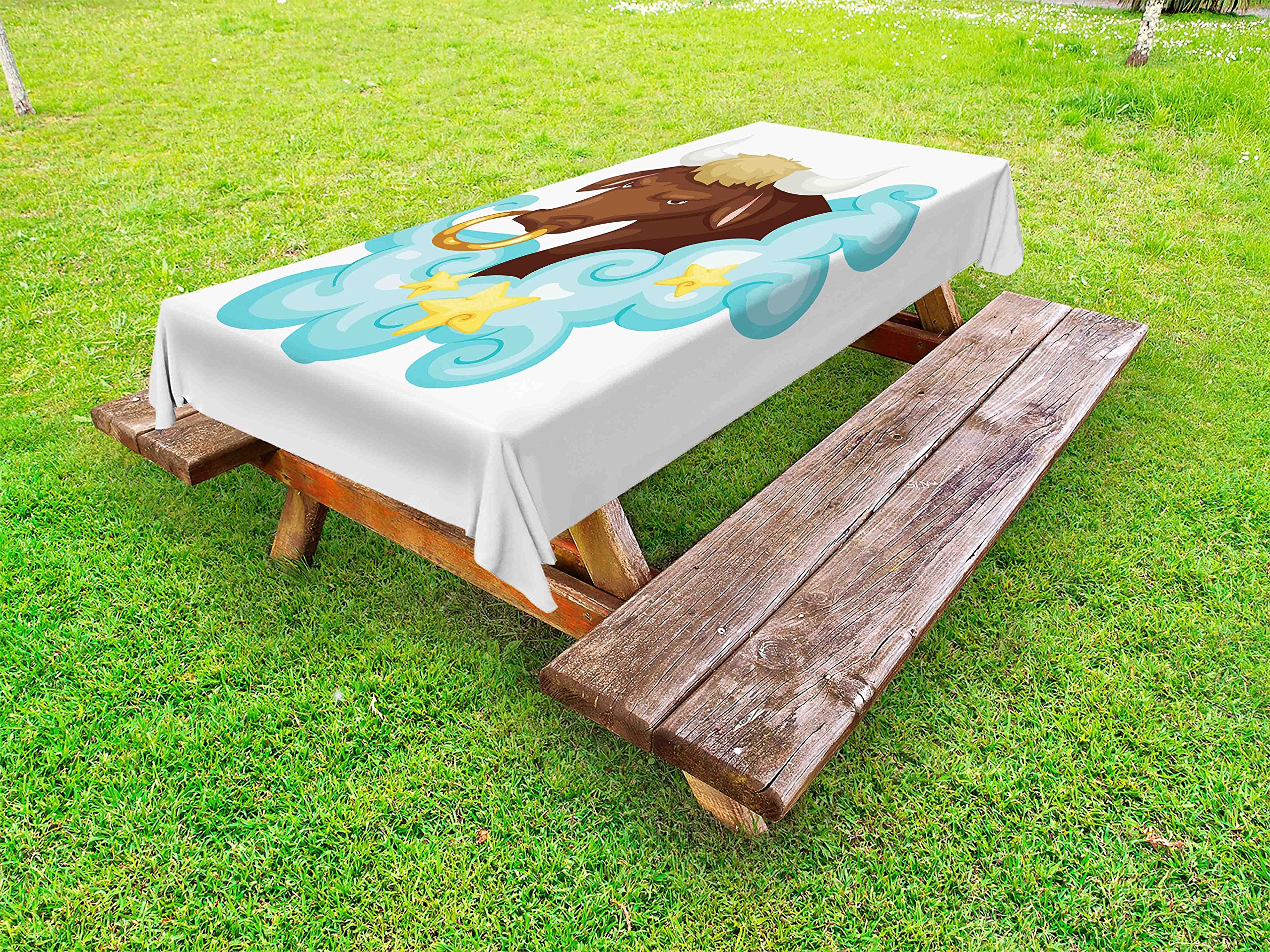 Ambesonne Zodiac Taurus Outdoor Tablecloth - Cosmic Cartoon Bull Design with Blue Clouds & Yellow Stars - Washable Picnic Table Cover 58x84 Inches - Perfect for Garden Parties, BBQs & Outdoor Dining