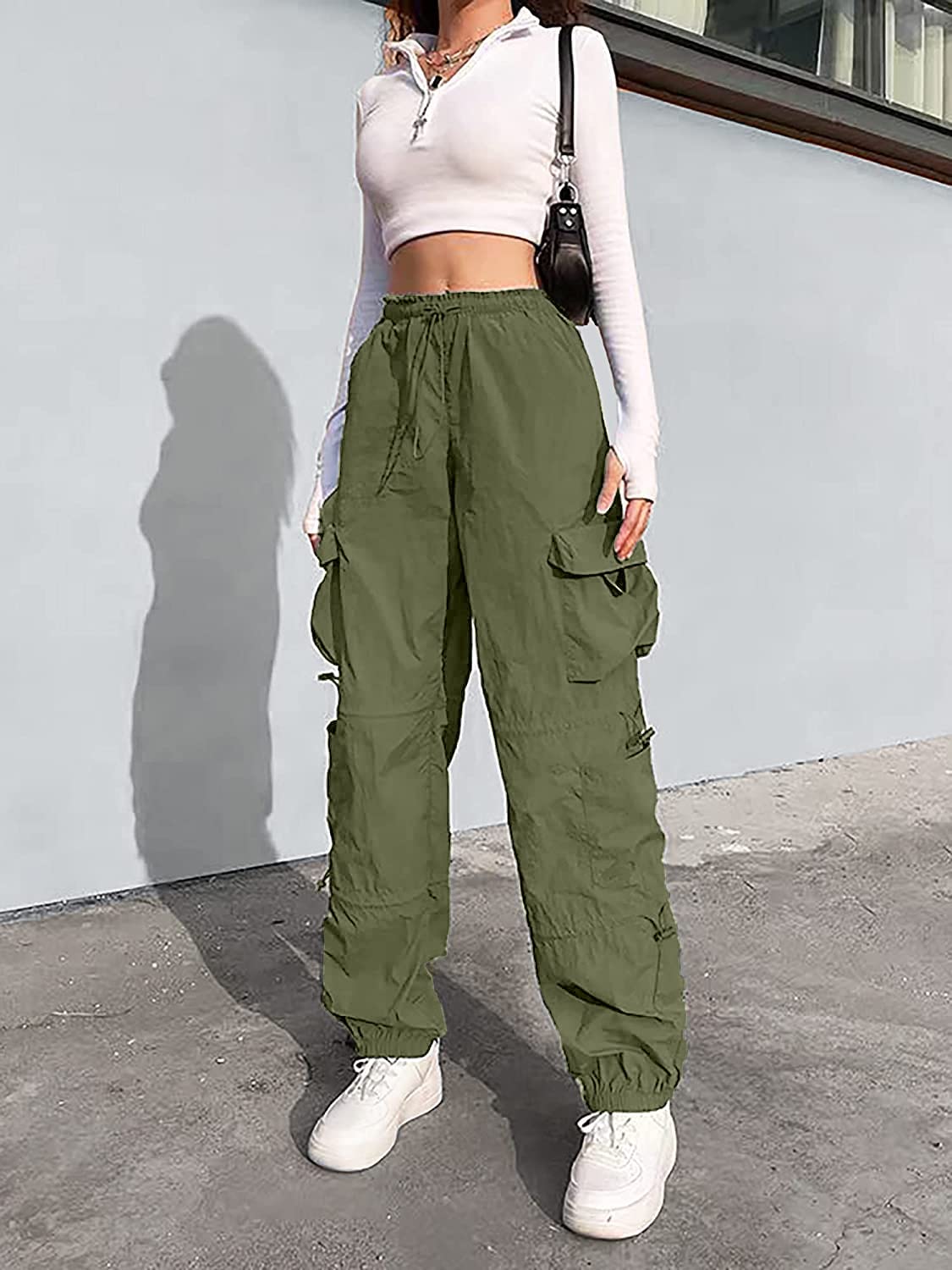 QYANGG Women's Baggy Parachute Pants with Drawstring Waist - Y2K Cargo Joggers with Multiple Pockets & Elastic Cuffs | Streetwear, Hip Hop Fashion, Casual Outfits