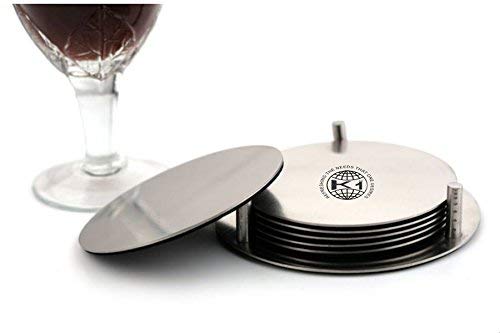 Homz Stainless Steel Round Coaster Set with Stand - 6-Piece Matte Finish Drink Coasters for Coffee, Tea, Wine & Beer - Durable Table Protectors for Dining Room, Bar, Office & Home Decor