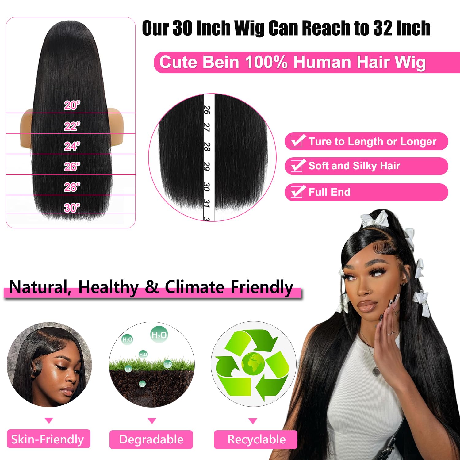 30 Inch 13x6 HD Transparent Lace Front Human Hair Wig - 250% Density CUTE BEIN Glueless Pre-Plucked with Baby Hair - 100% Virgin Human Hair Straight Wig for Black Women | Perfect for Daily Wear, Special Occasions & Protective Styling