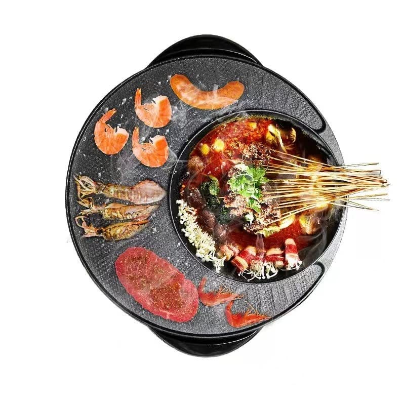 2 in 1 Electric Hot Pot and Grill - Non-Stick BBQ Grill Plate with Glass Lid, Adjustable Temperature for Indoor Cooking - Perfect for Home Kitchen, Camping & Small Space Apartments