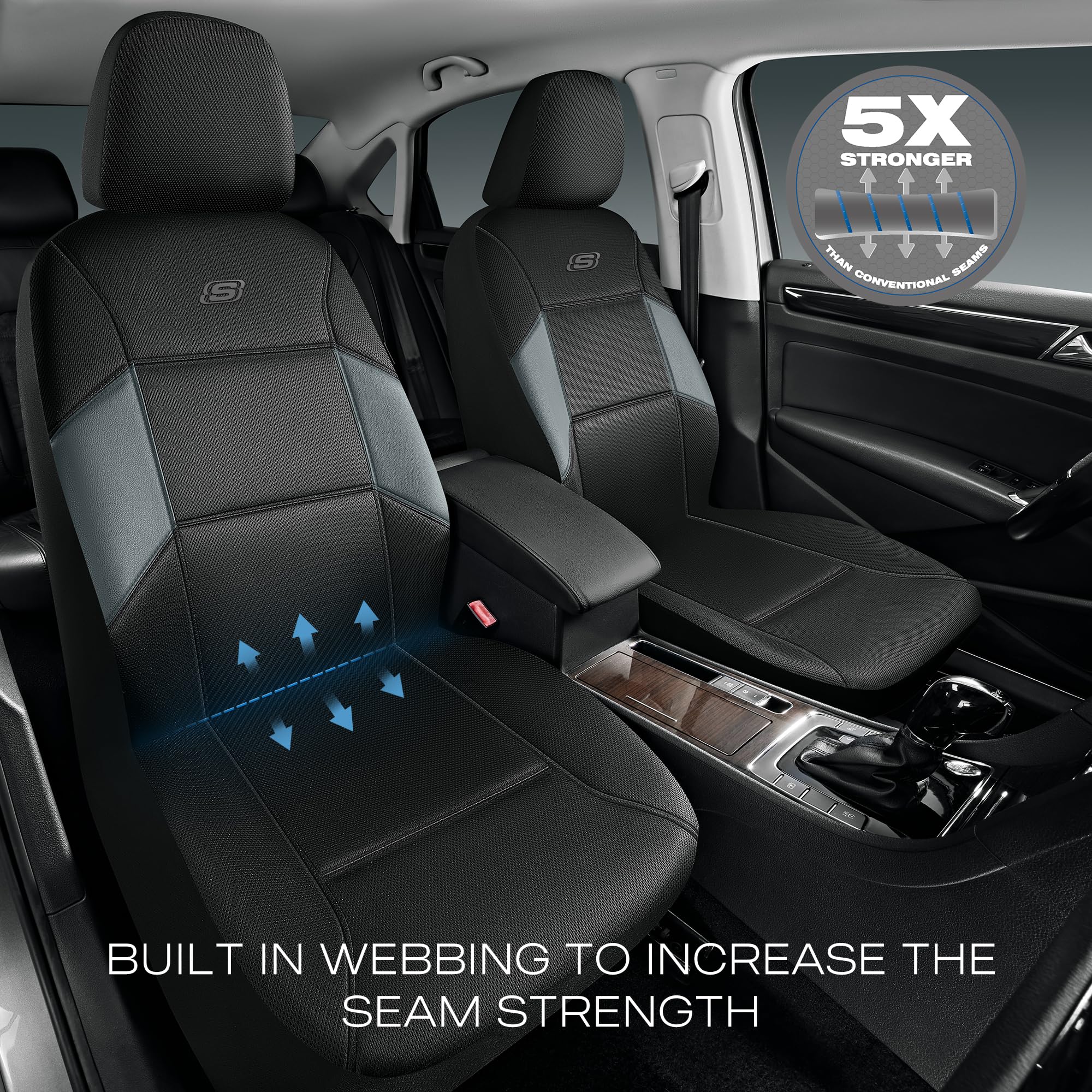 Skechers Work Car Seat Covers - Premium Leather Auto Seat Protectors with 5X Stronger Webbing & Breathable Mesh Fabric | Airbag Compatible for Cars, Trucks & SUVs | Perfect for Commuting, Road Trips & Work Vehicles (Grey, 2 Front Seats)