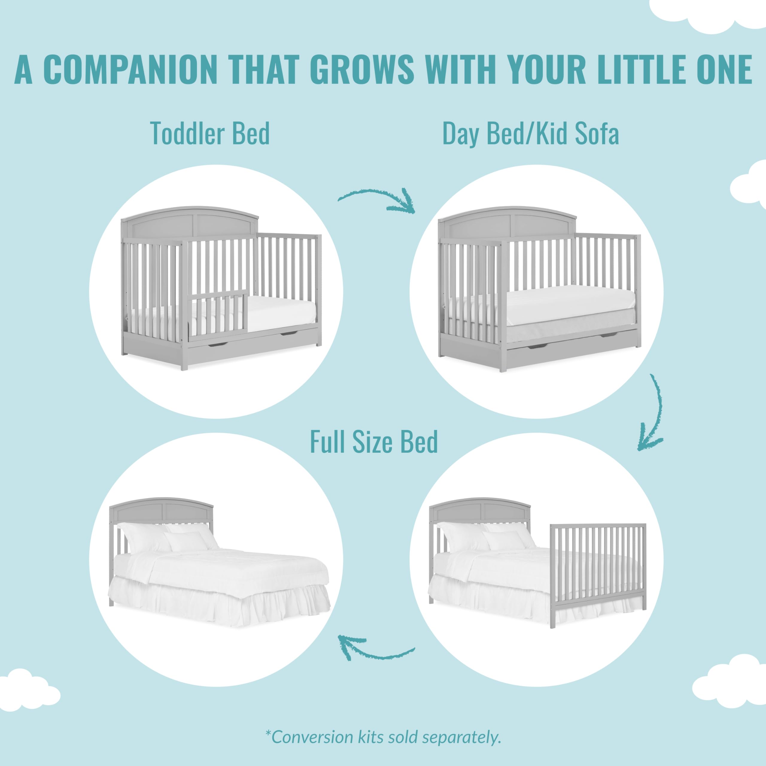 Dream On Me Storybrooke 5-in-1 Convertible Crib with Under Drawer - Pebble Grey | JPMA & Greenguard Gold Certified | Sustainable Pinewood | Non-Toxic Water-Based Paint | Nursery Furniture for Baby & Toddler Rooms | Space-Saving Design for Small Bedrooms