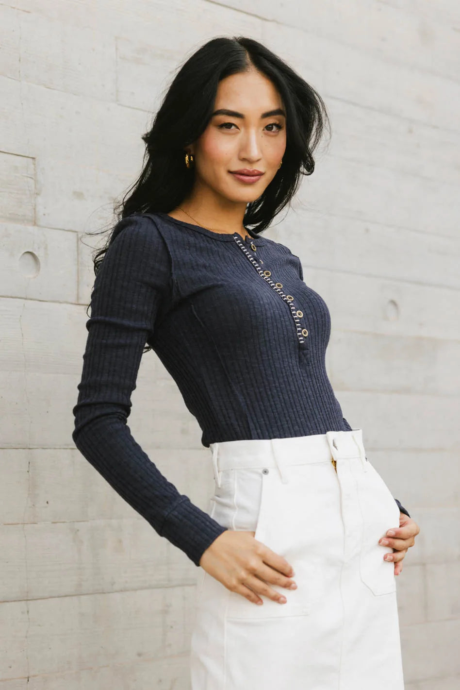 Emmilianne Ribbed Top in Navy | Women's Slim Fit Knit Shirt | Casual & Layering Essential | FINAL SALE | Perfect for Office, Date Night & Weekend Outfits